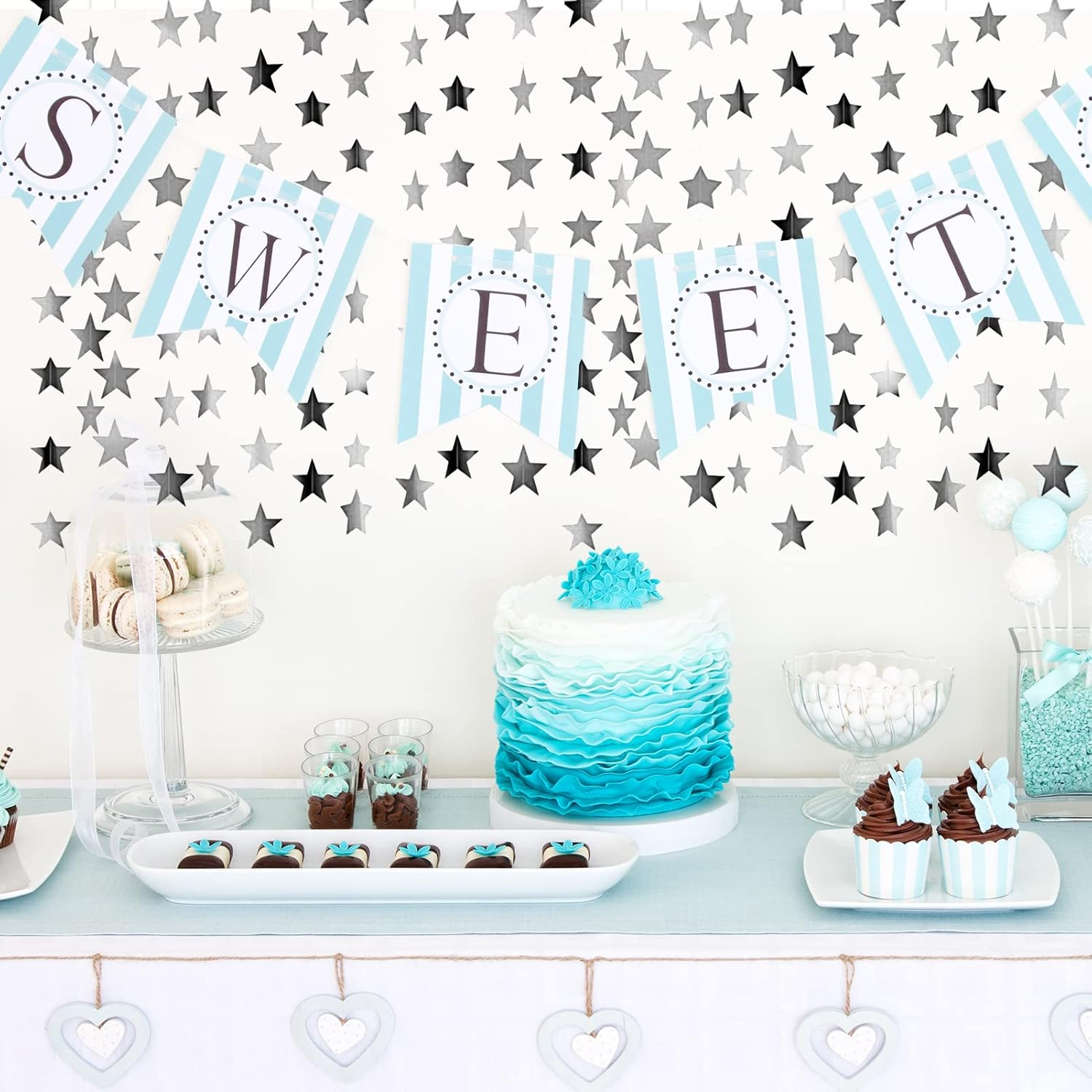 52 Feet Reflective Star Paper Garland, Glitter Bunting Banner Hanging Decoration Twinkle Little Star Party Garlands Streamer Kit for Birthday Wedding Banner Backdrop (Silver) image number 4