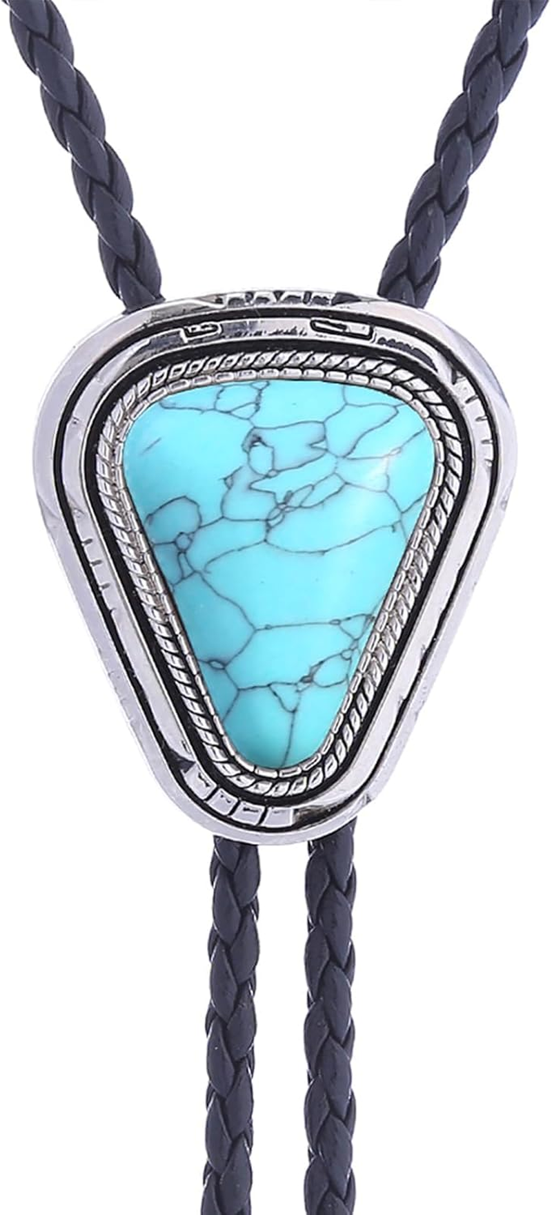 Turquoise Bolo Tie for Men, Leather Braided Necktie, Western Cowboy Style, Costume Accessory image number 3