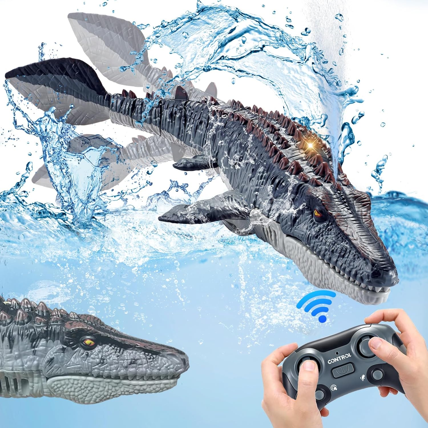Remote Control Mosasaurus Dinosaur Toys for Kids, 2.4G Wireless Charging Simulation Dinosaur Spraying Shark Swinging with Light Mosasaurus Boys and Children Water Toy image number 1
