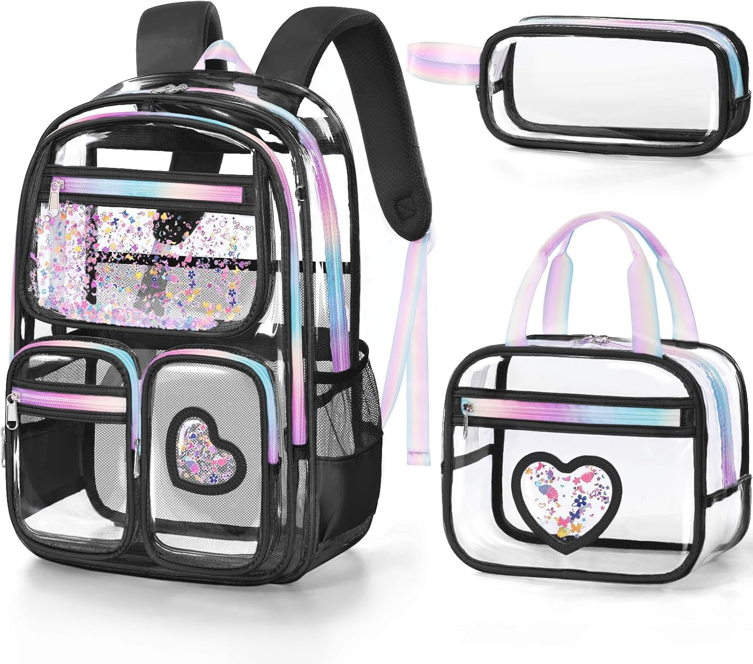 Fimibuke Clear Backpack for Girls, 3PCS Heavy Duty PVC Transparent Kids Backpack for Teen Girl with Lunch Box & Pencil Case