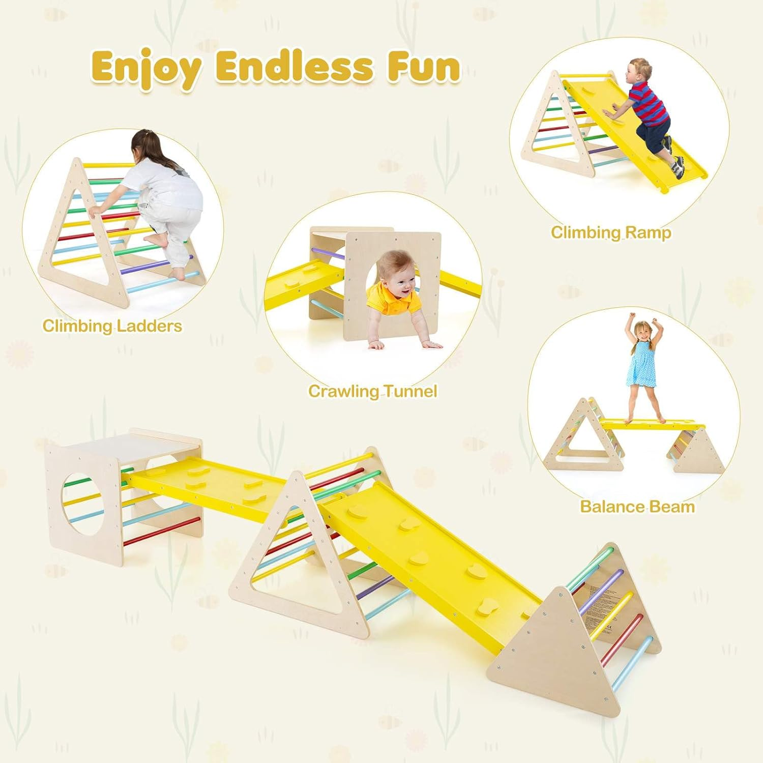 HONEY JOY 5 in 1 Triangle Climber with 2 Ramp, Wooden Climbing Toys for Toddlers, Multi-Combination Play Methods, Kids Montessori Play Gym Set Playground Climbing Ladder for Boys Girls image number 4