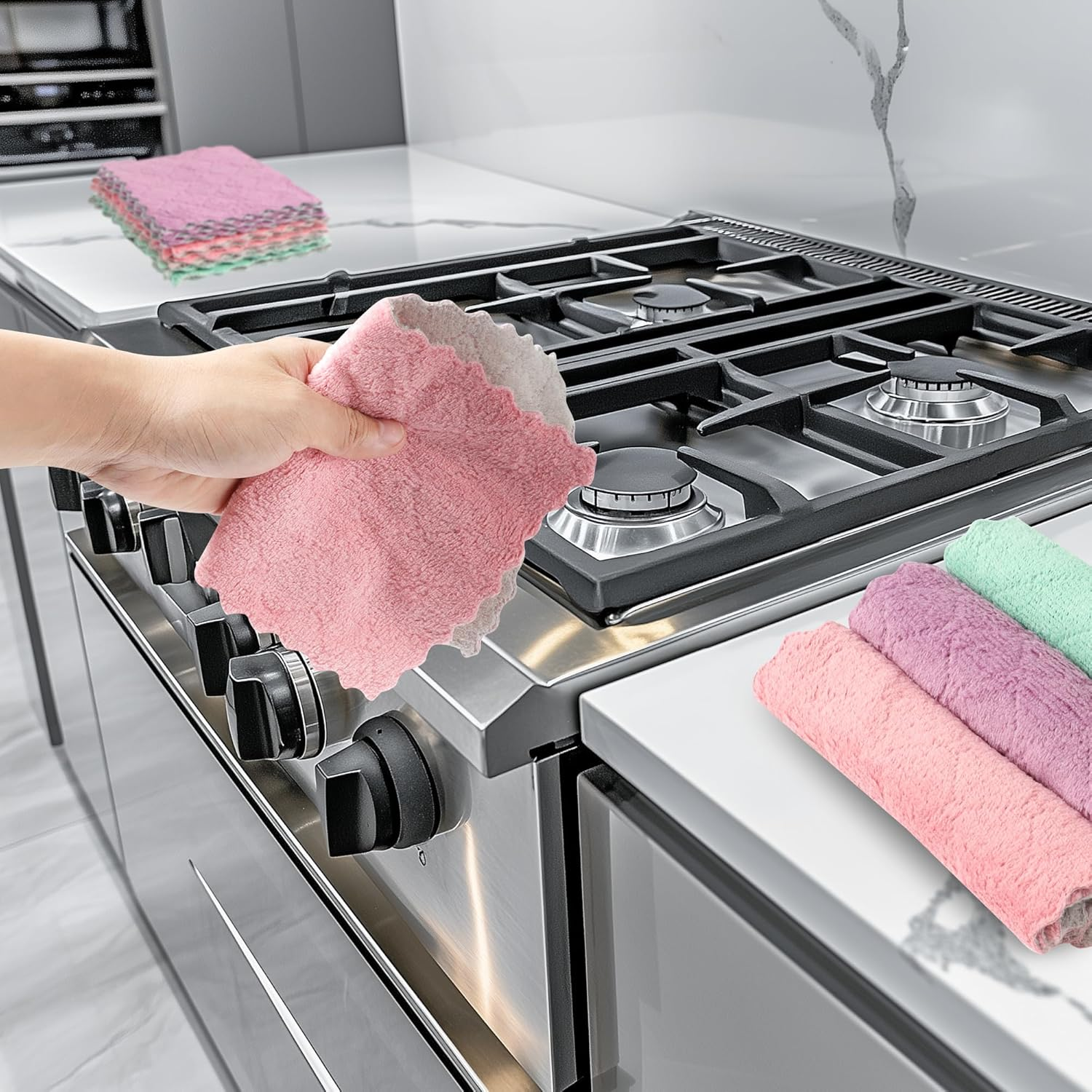 TECDW 10-Pack Kitchen Dish Cloths,Ultra-Soft Super Absorbent Lint-Free Cleaning Towels,Oil-Resistant Coral Velvet Dish Cloth for Washing Dishes,Wiping Countertops (16&times;27Cm/6.3&times;10.6Inch,Pink) image number 5