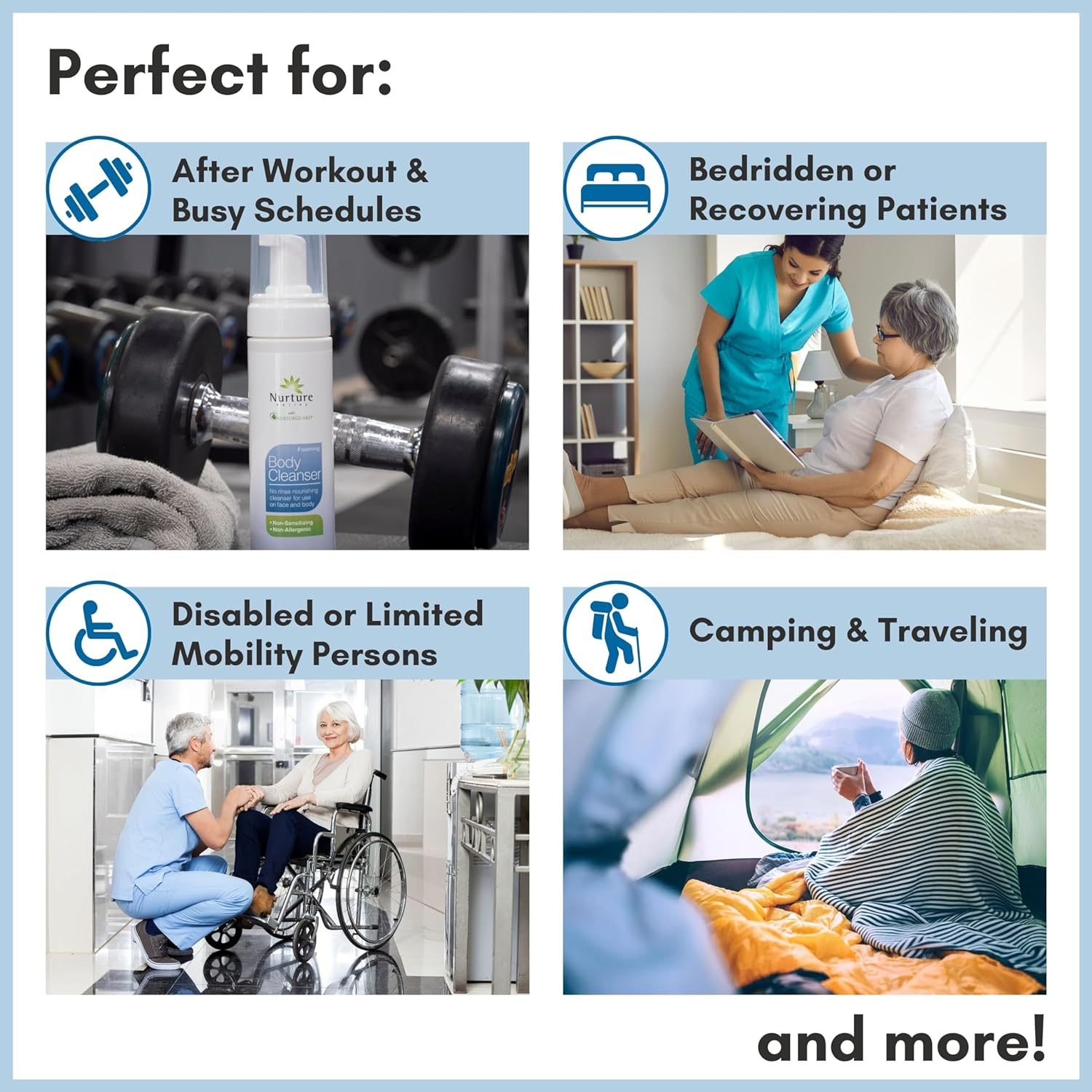 Nurture Rinse Free Waterless Foaming Cleanser | Women, Camping, Elderly & Hospital Care | Waterless Shower & Bath Wash W/Aloe for Sensitive Dry Skin image number 6