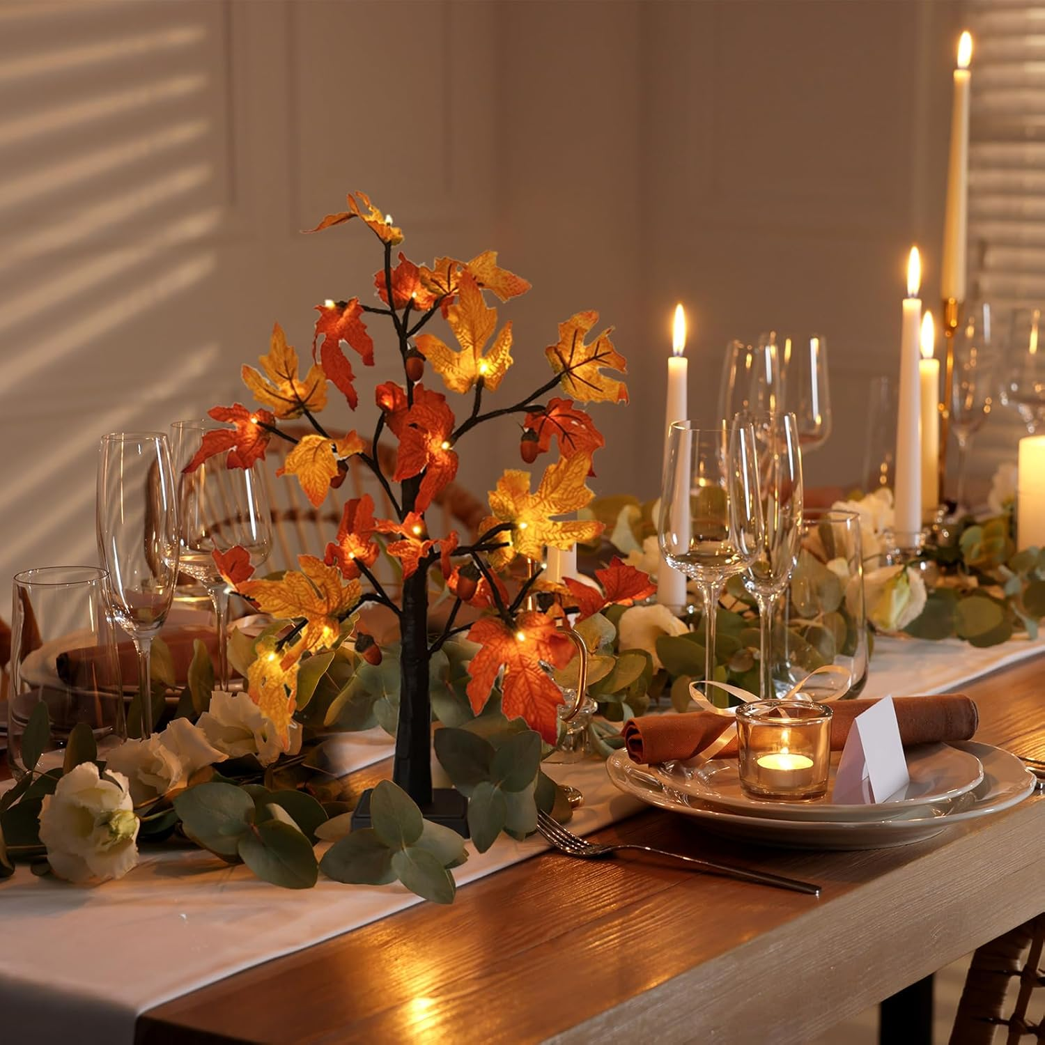 Fall Lighted Maple Tree with Acorns Halloween Chirstmas Decoration Thanksgiving Table Centerpiece Decoration| 48 Leaves and 24 LED Lights | Autumn Harvest Indoor Decor image number 3