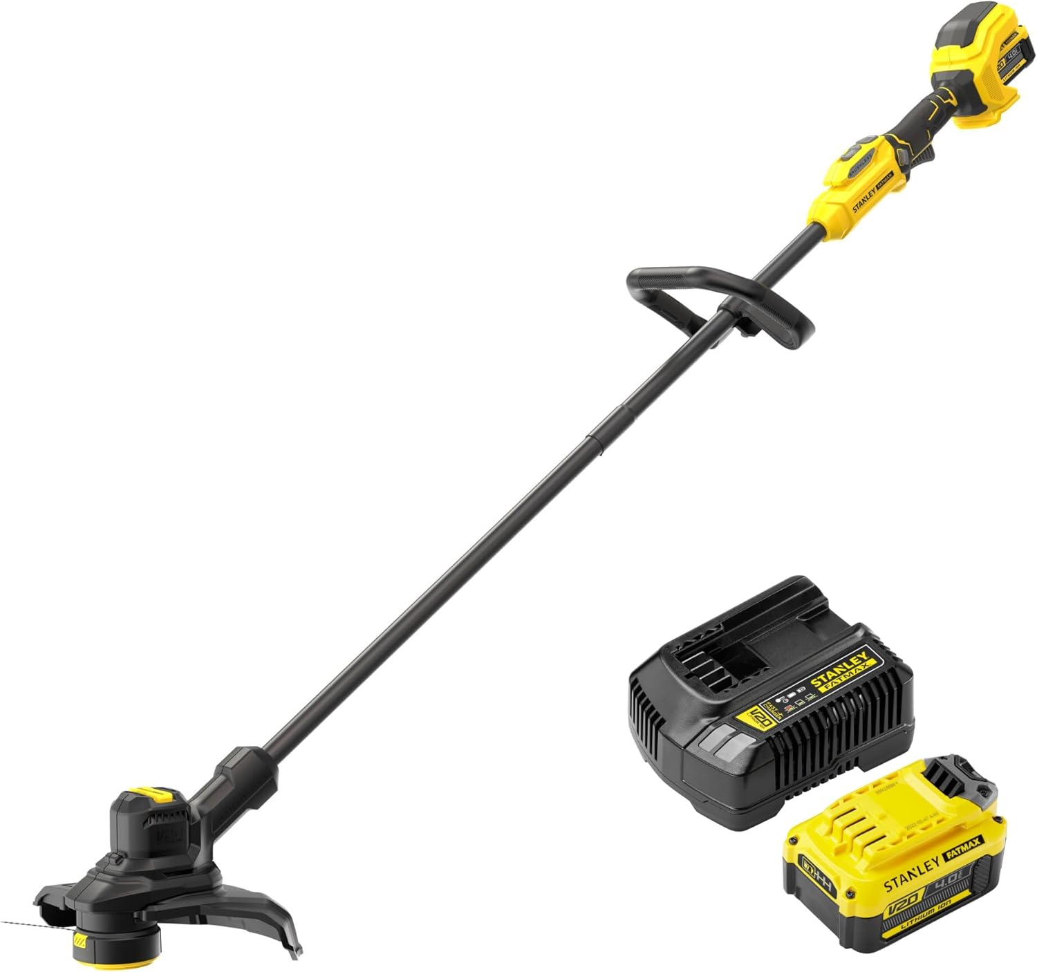 STANLEY FATMAX V20 | 18V Brushless String Trimmer Kit 4.0Ah - 28 or 33Cm Cutting Swath, 2Mm Single Line, Second Handle for Added Comfort, Grip, and Control, up to 7,200RPM, 4.0Ah Battery, 2A Charger image number 1
