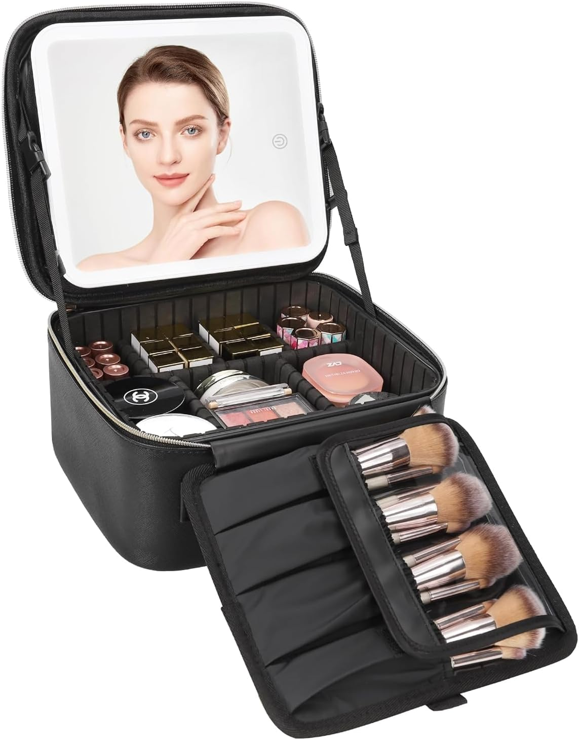 Travel Makeup Bag with LED Mirror, Cosmetic Train Case with Light up Mirror, Portable Makeup Artist Organizer Bag with Adjustable Dividers, Makeup Brush Holder Storage, Black image number 1