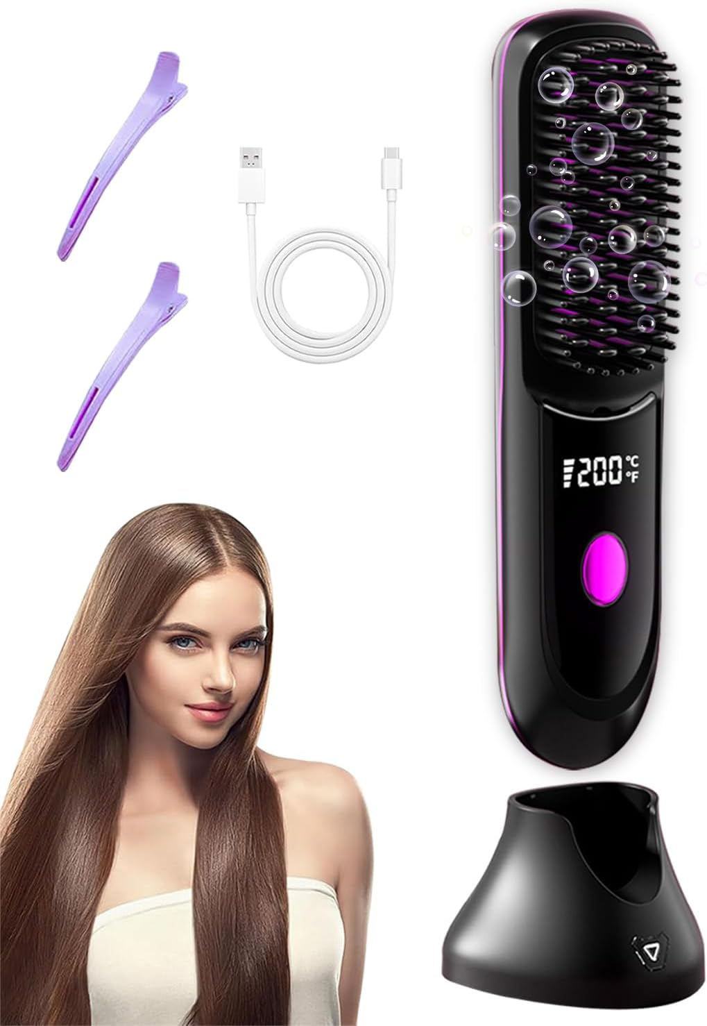 Go Brush Pro Hair Straightener &ndash; Cordless Comb with Base Negative Ion, 6000Mah Fast Heating & Portable Travel Design, Rechargeable Brush for Straightening and Curling (Black-1Pcs)