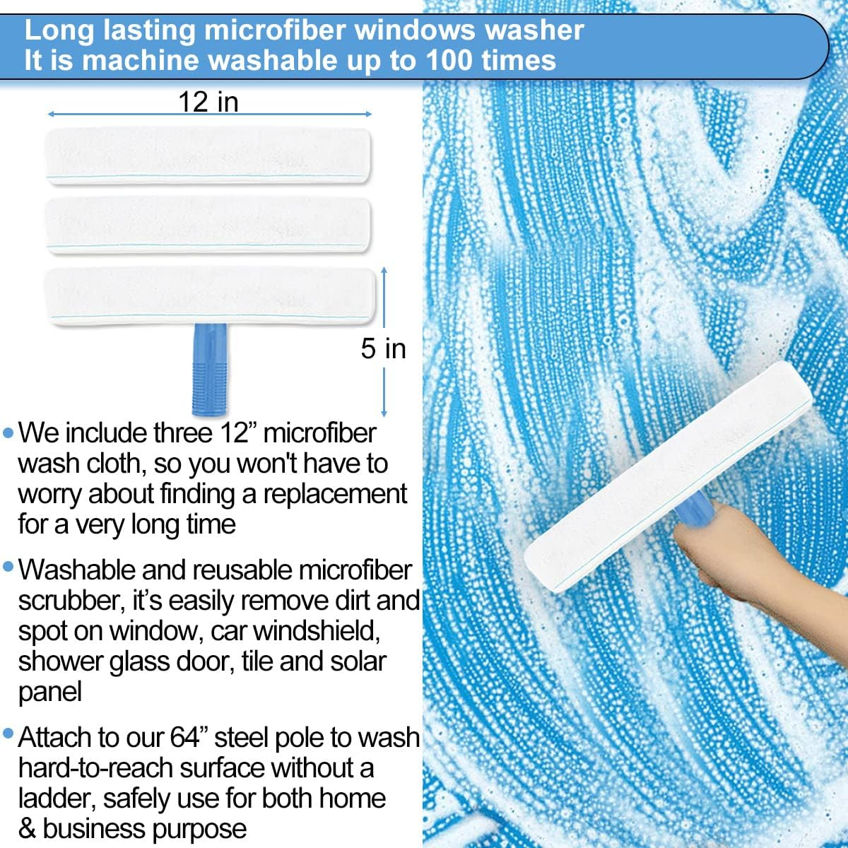Window Squeegee Washing Kit for High Window, Shower Glass Door, Mirror Cleaning, with 69-Inch Extension Pole, Extra 14'' Wide Squeegee and 2 Microfiber Scrubbers Included image number 3