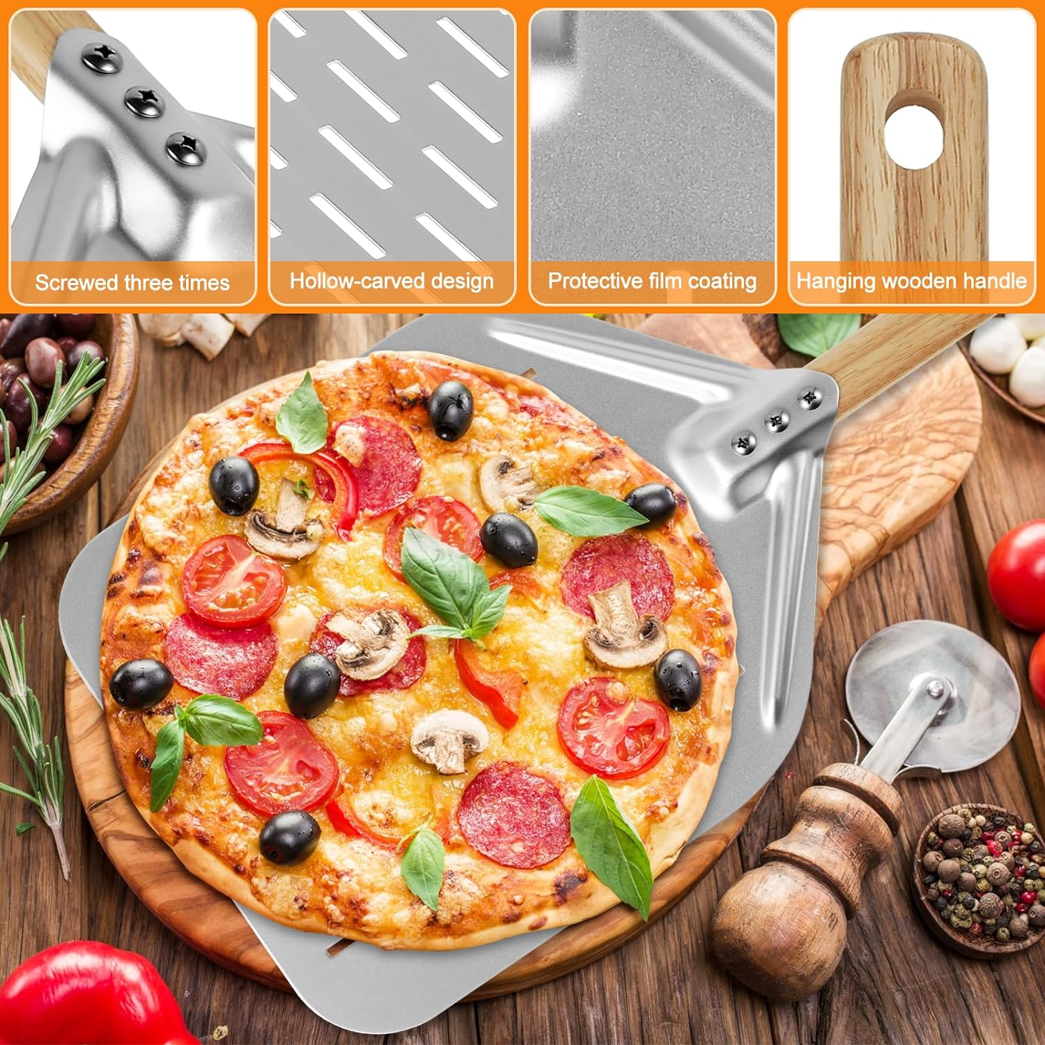 12Inch Pizza Peel, Pizza Oven Shovel, Perforated Pizza Peel, Pizza Turning Peel, Aluminium Pizza Slider Shovel, Non-Stick Hollow Pizza Shovel, Pizza Shovel with Handle for Homemade Baking Pizza Bread image number 1