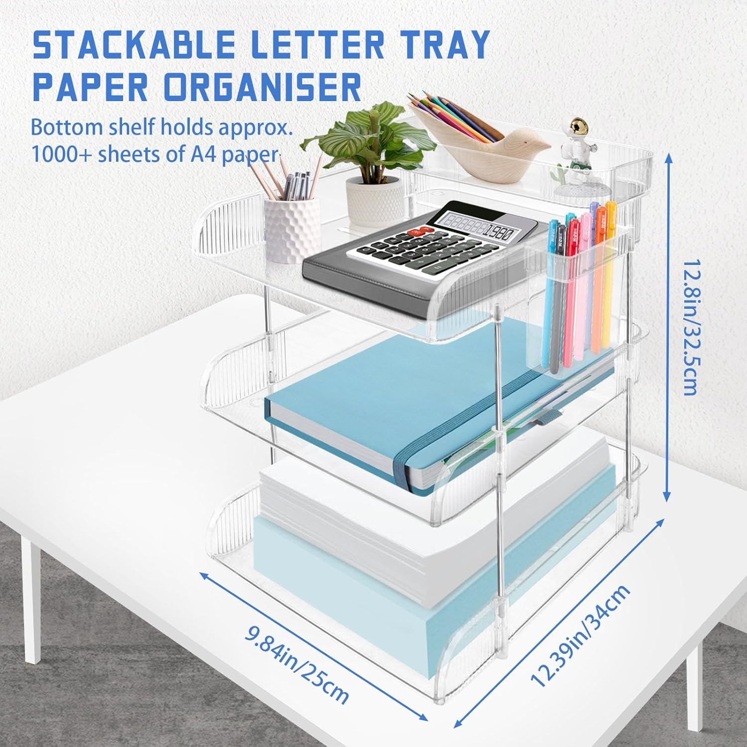 4 Tier Countertop Letter Tray, Clear Office Desk Letter Organisers, A4 File Tray, Stackable Paper Organiser, File Holder with Pen Holder and Extra Storage Box for Home Office School image number 6