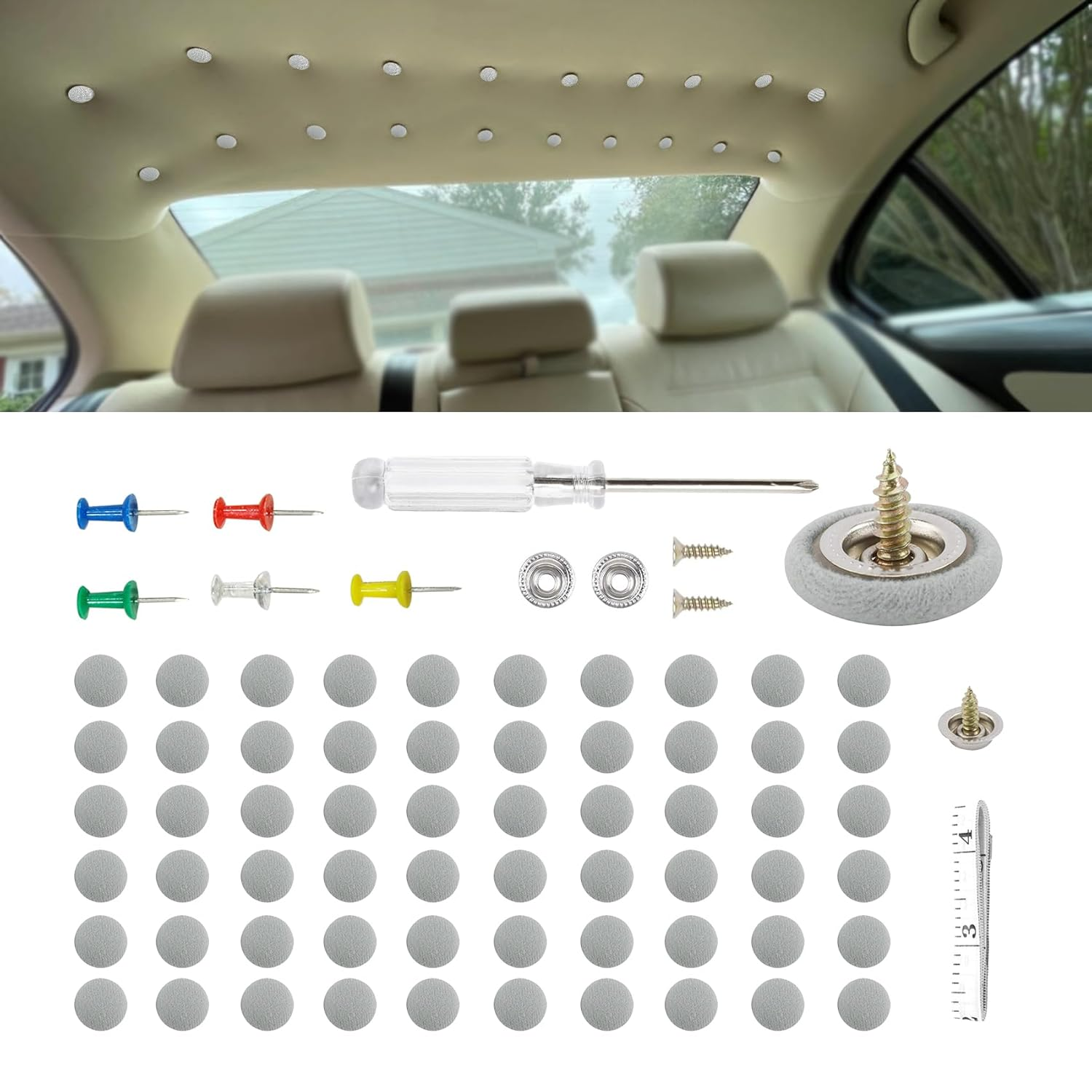 Car Roof Headliner Repair Kit, Headliner Pins, Auto Interior Ceiling Fabric Fixing Buckles with Installation Tool, Car Interior Accessories Automotive Roof Clips Universal for Most Cars