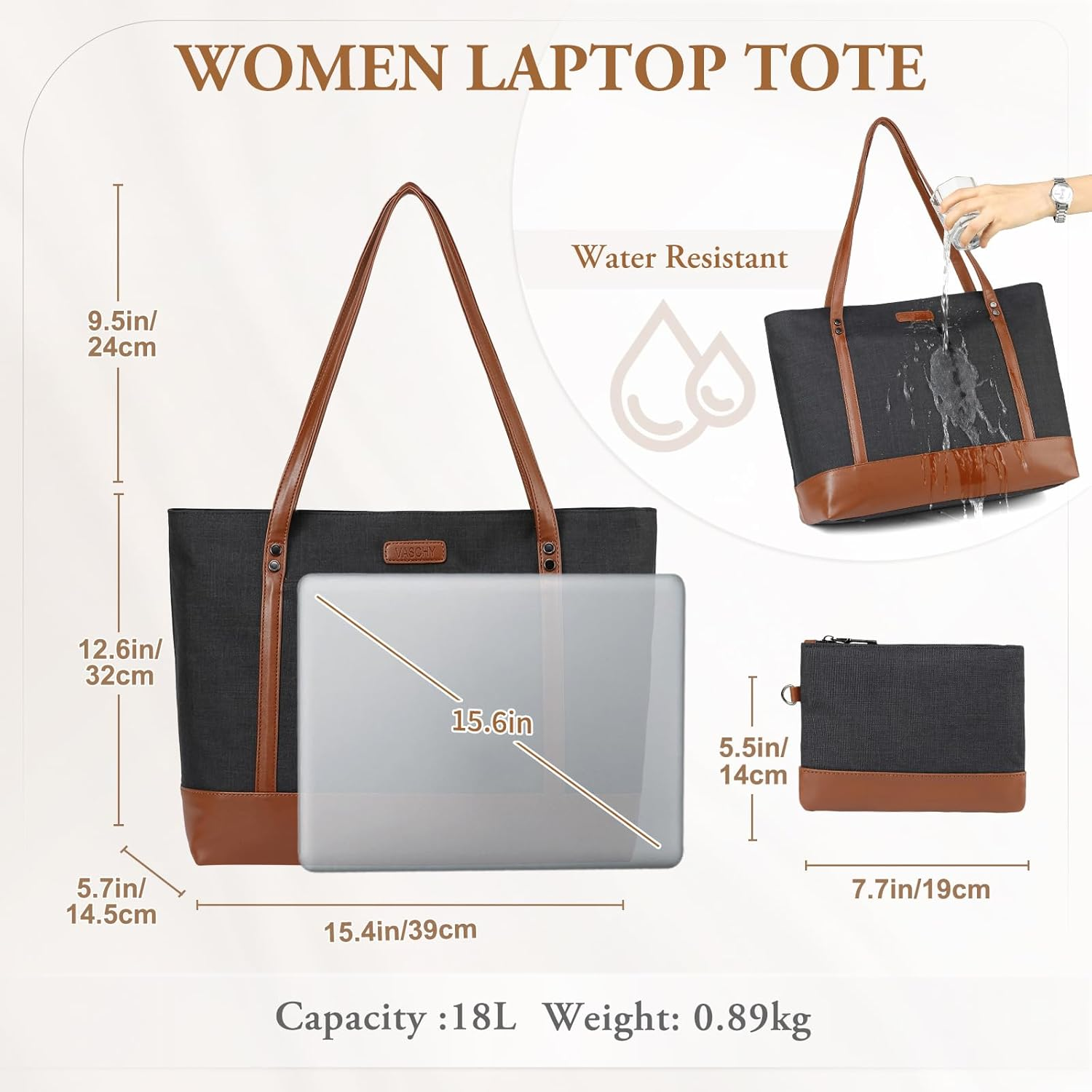Laptop Tote Bag for Women, Vaschy Lightweight Large 14-15.6 Inch Laptop Shoulder Bag Purse Work Tote Bag Water Resistant Teacher Handbag Business Briefcase with Clutch Purse image number 6