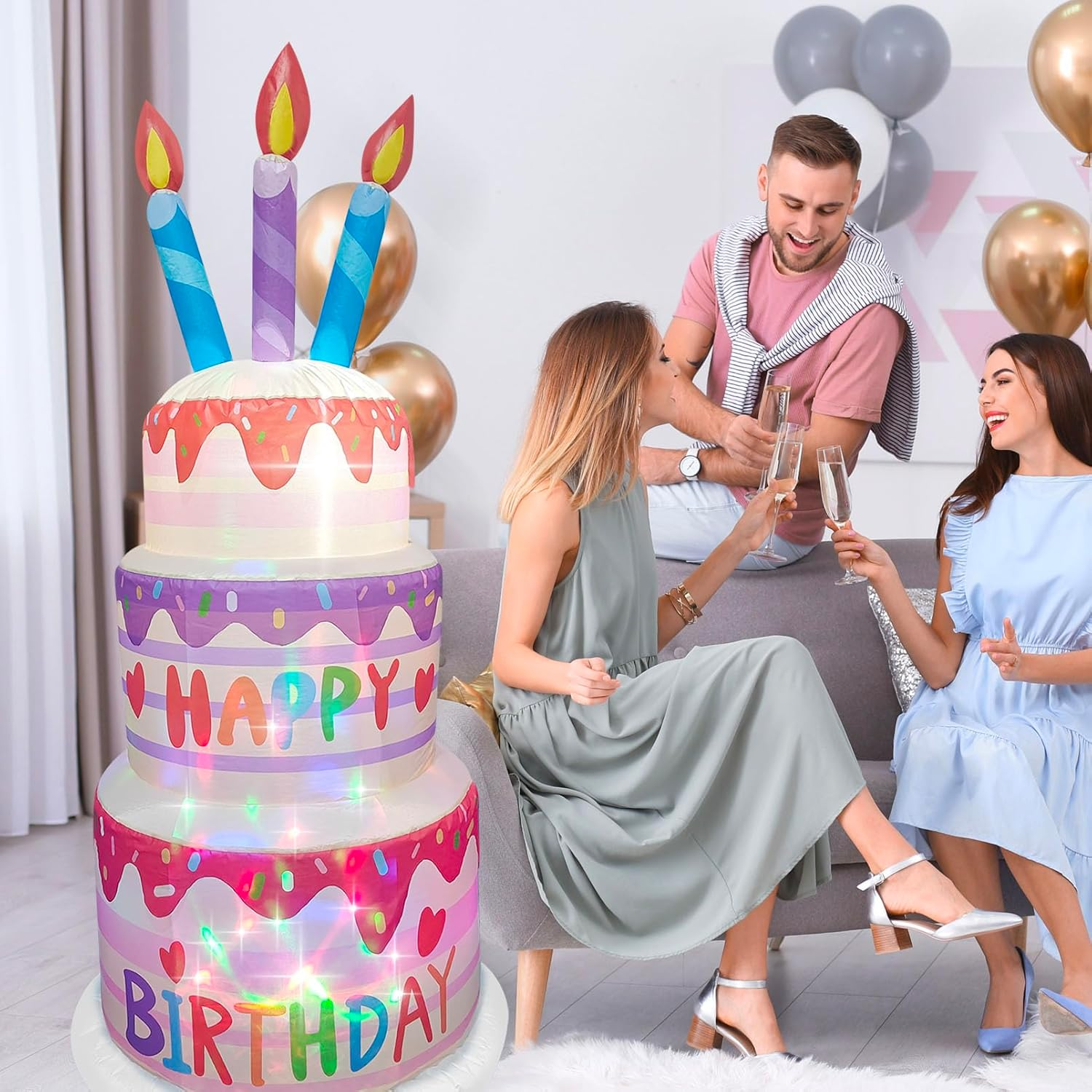 6 Ft Happy Birthday Inflatable Cake Decor with LED Lights &ndash; Outdoor Blow up Yard Sign, Indoor Party Decoration for Home, Lawn, Garden Celebration image number 2