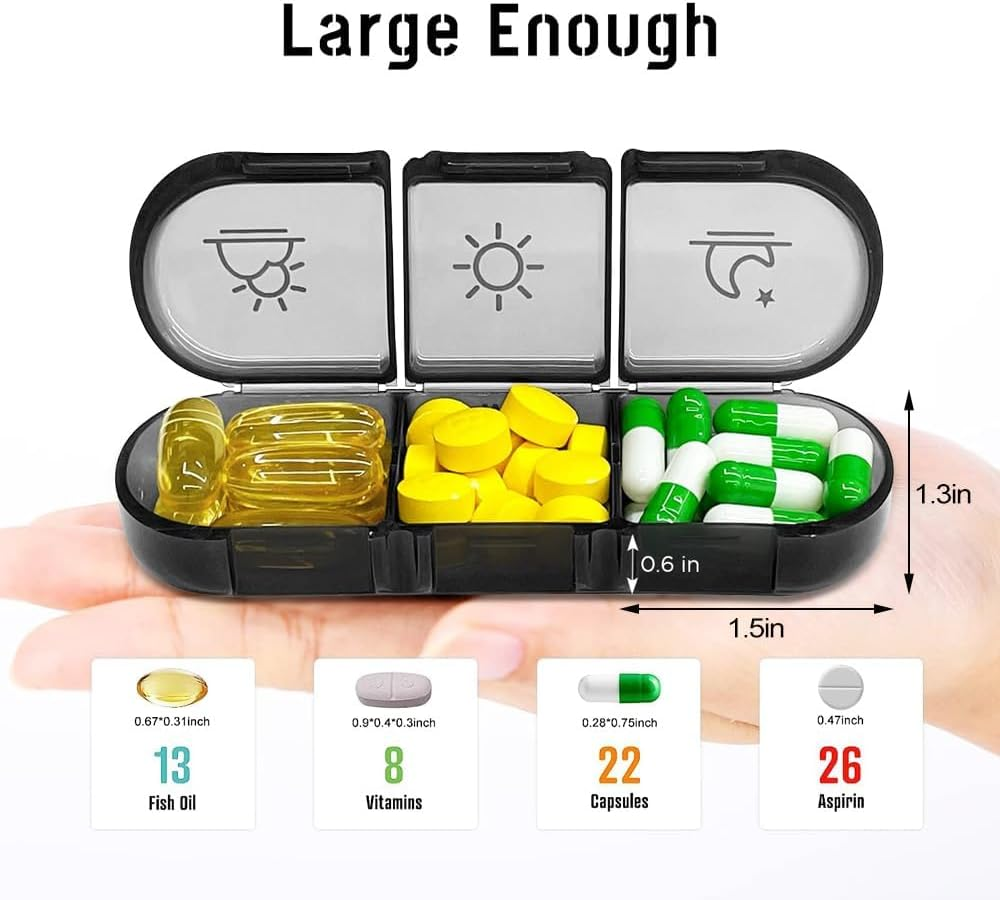Pill Box Organiser 2 Times a Day, Portable 7 Day Pill Boxes, Tablet Organiser with Large Compartments for Medicine, Medication, Vitamin and Fish Oil Supplements (Black)
