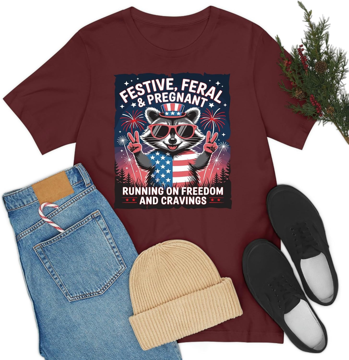 Festive Feral and Pregnant 4Th of July Pregnancy Announcement T-Shirt for Women image number 5