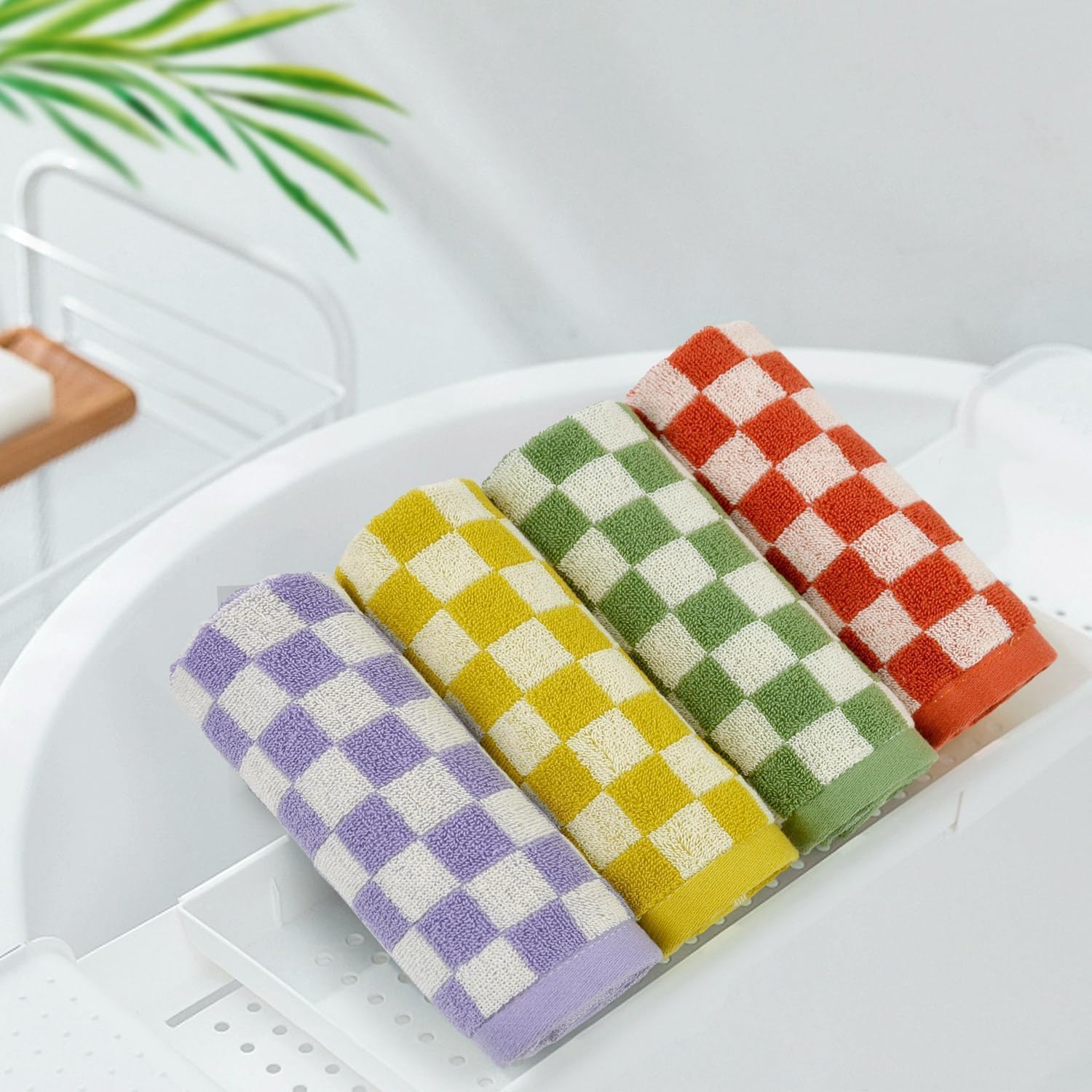 Cotton Wash Cloths Checkered 4 Pack 4 Colors - Bathroom Washcloths for Face Body, 13 X 13 Inches Daily Cleansing Towels
