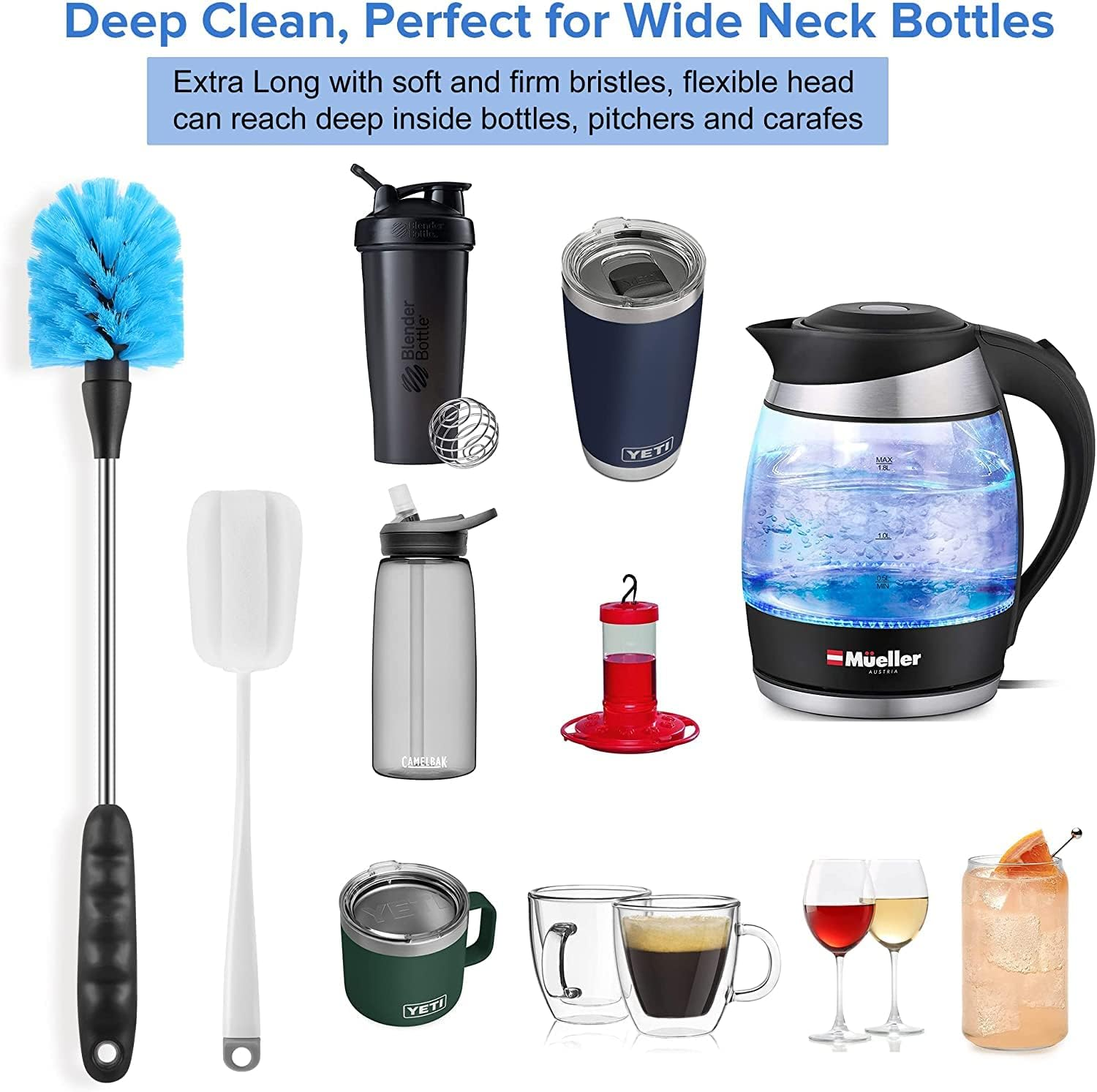 Bottle Brush Cleaning Set, Long Handle Bottle Cleaner for Washing Narrow Neck Beer Bottles, Wine Decanter, Narrow Cup, Pipes, Hydro Flask Tumbler, Sinks, Cup Cover Pack of 5 image number 2