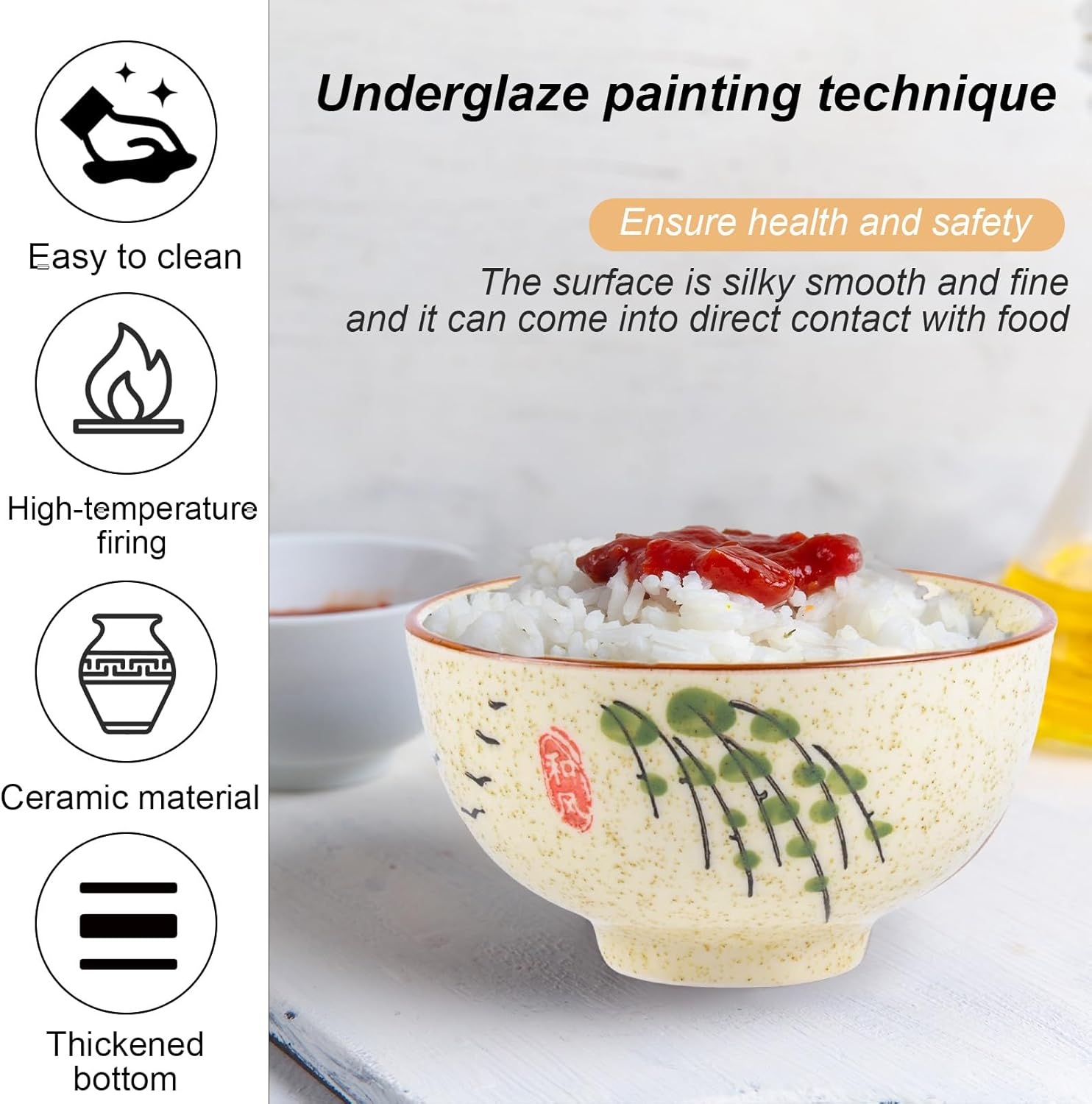 Ceramic Soup Rice Bowl 4.5 Inch Set of 4 Vintage Japanese Creative Hand Painted Floral Ceramic Soup Bowls 10 Ounce Ramen Bowl Set Noodle Bowl Microwave Dishwasher Safe image number 4