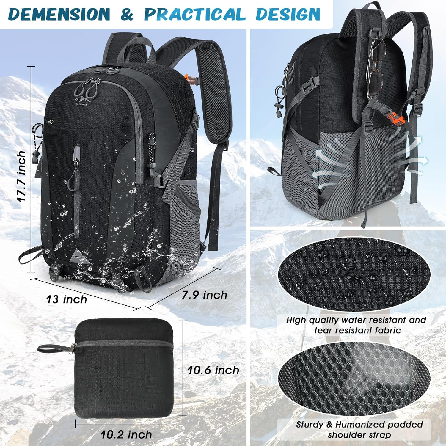 Hiking Backpack 40L Lightweight Packable Camping Backpack Waterproof Travel Daypack Men Women Hiking Daypack - Green image number 5