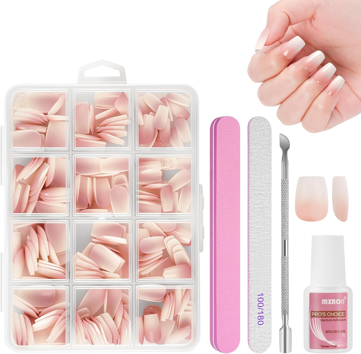 BUTBU Pack of 240 French False Nails, Glossy Gl&auml;nzend Ballerina Nails to Apply to French Nails, Reusable, Full Coverage for Women and Girls