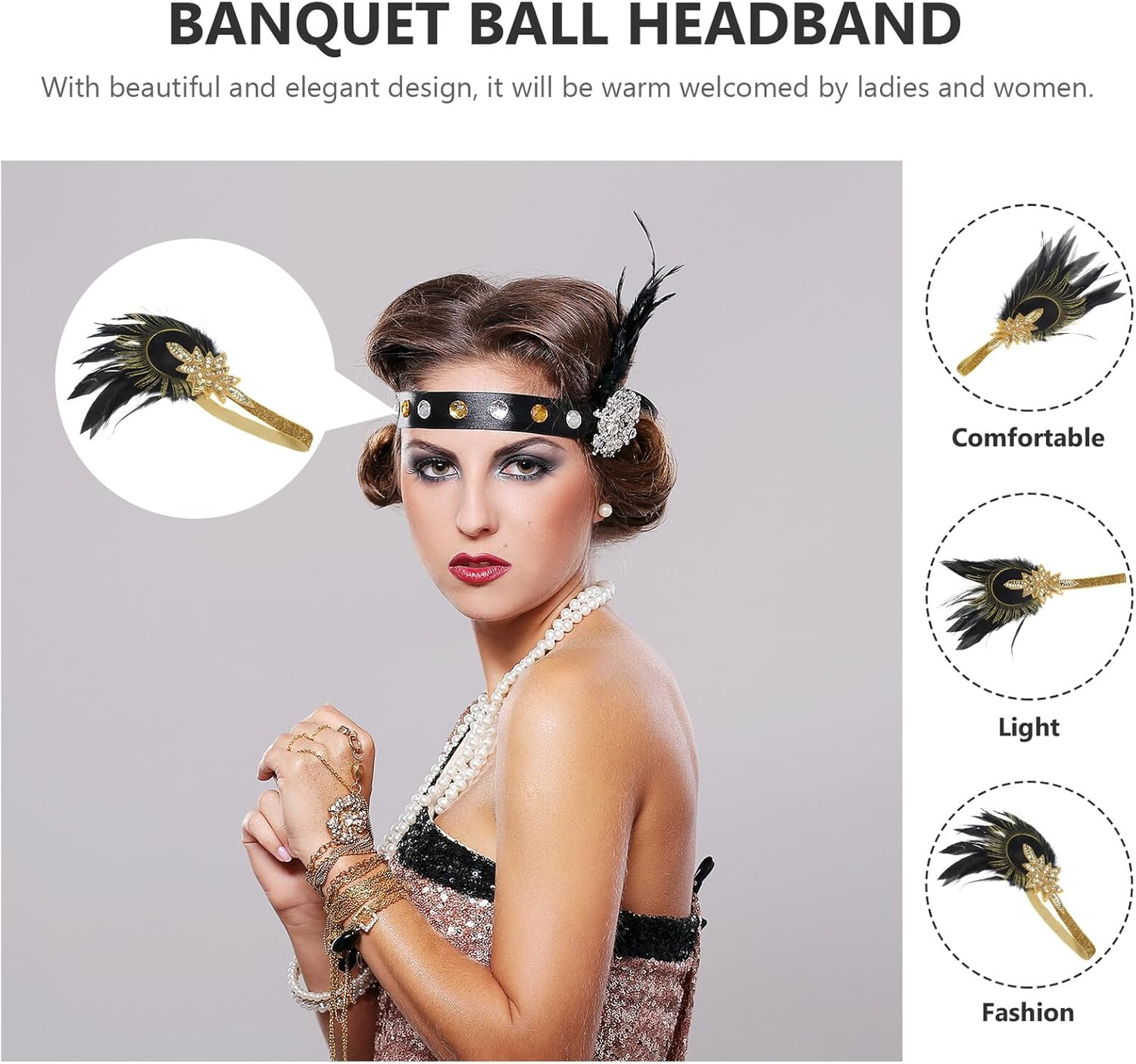 Plume Headband for Women Vintage Flapper Accessories for Roaring Costume Parties Wedding Dancing Headpiece Stylish Hair Accessories image number 6