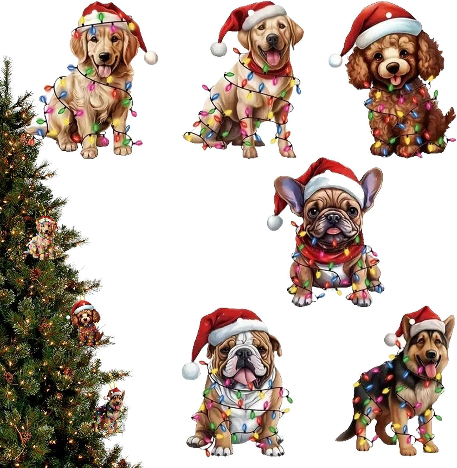 Christmas Tree Acrylic Ornament,6X Holiday Decoration Christmas Hat Dog Pendant 2D Acrylic - Christmas Tree Puppy Ornaments for Walls, Christmas Trees, Car, Backpacks image number 3