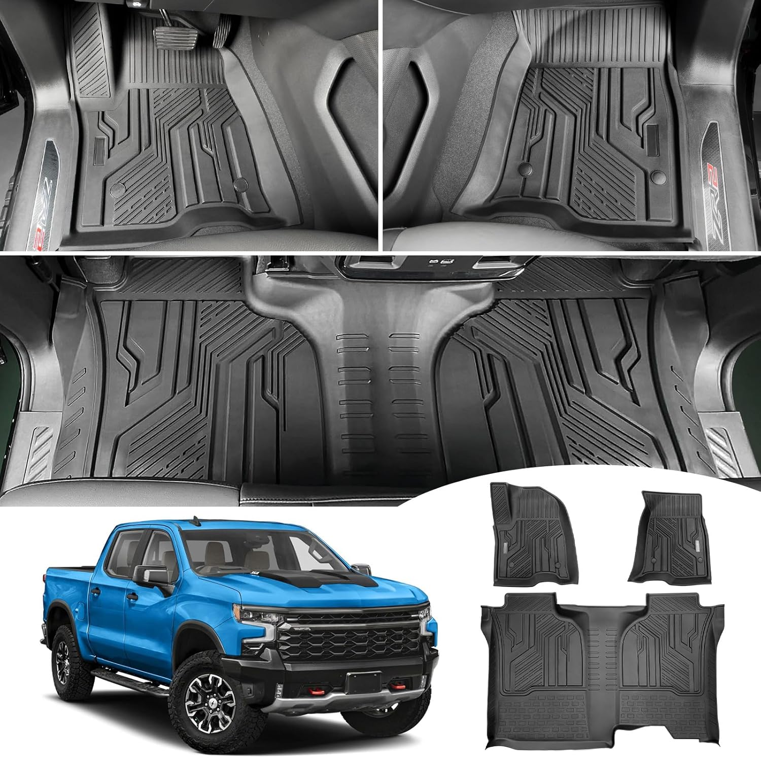 JTYZSM Truck Floor Mats for 2019-2025 Chevy Silverado/Gmc Sierra 1500 & 2020-2025 Silverado/Sierra 2500HD/3500HD Crew Cab, All-Weather Non-Slip Floor Liners(1St & 2Nd Row) image number 3