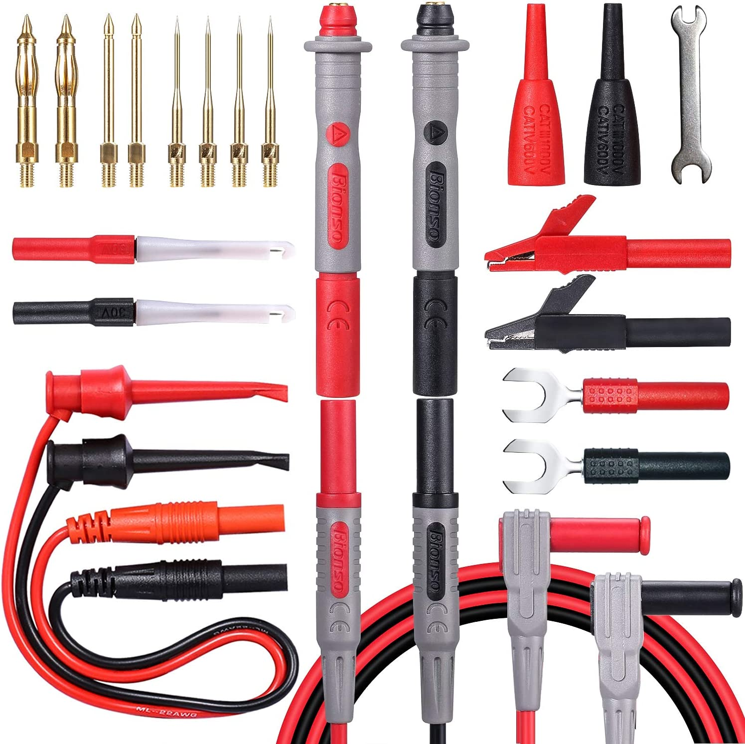 Bionso 21-Piece Multimeter Leads Kit, Professional and Upgraded Test Leads Set with Replaceable Gold-Plated Multimeter Probes, Alligator Clips, Test Hooks and Back Probe Pins. image number 3