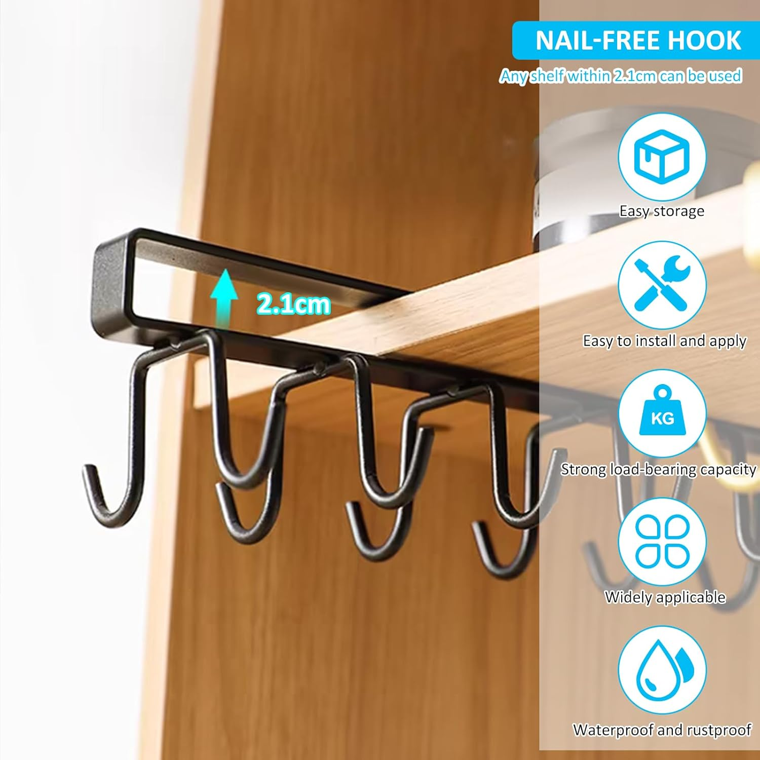 Fwqofvk 2Pcs Iron Shelf Mug Hanger with 12 Hook, Stable Hanging Cup Hook Organizer Rack, under Cabinet Double Row Mug Rack No Nail for Bathroom Kitchen 25.5&times;8&times;7Cm image number 6