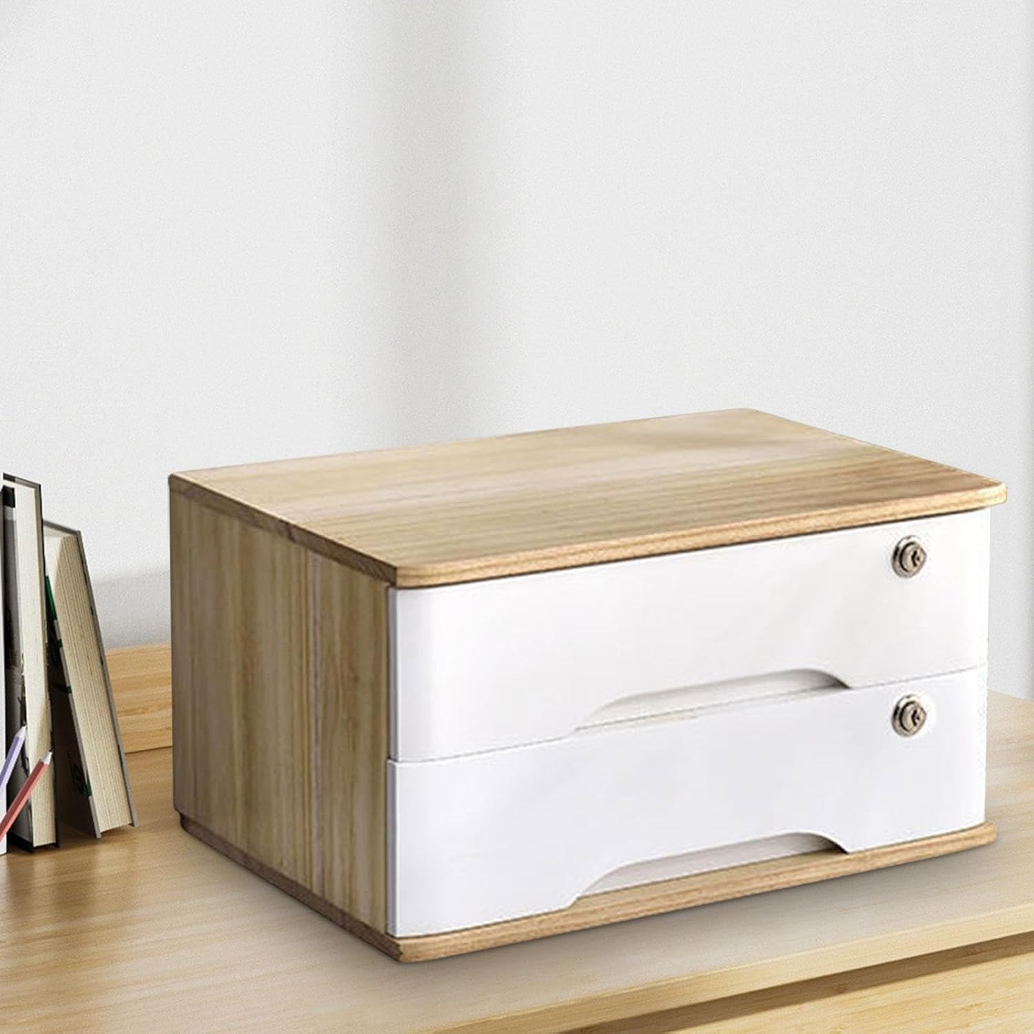 Weilaikeqi Wood Desktop Storage Box with Lock Wooden Tabletop Cabinet Storage Drawer for Counter, Wooden White