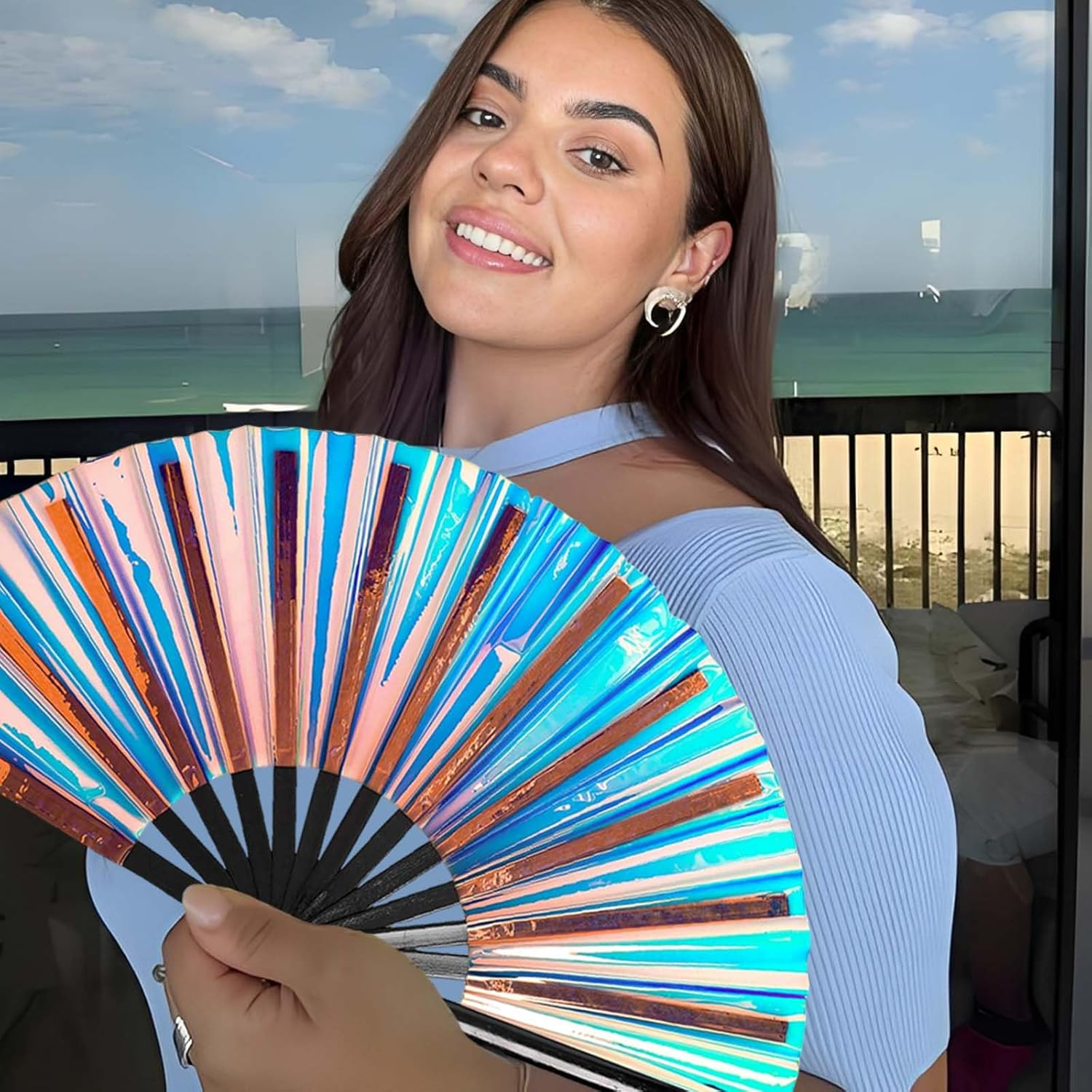 Large Clack Hand Rave Fan Holographic Folding Popping Line Dance Fan Foldable Handheld Clacking Fans for Line Dancing Craft Laser Rave Accessories for Festival Rainbow Outfits Party Club(Light Blue) image number 6