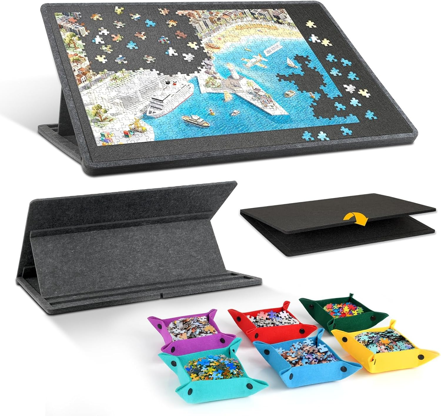 1500 Piece Foldables & Tilting Puzzle Board with 6 Colored Sorting Trays,Lightweight & Portable Puzzls Table with Built-In Stands for Angle Adjustments (1500 Pcs-Dark Gray-2) image number 1