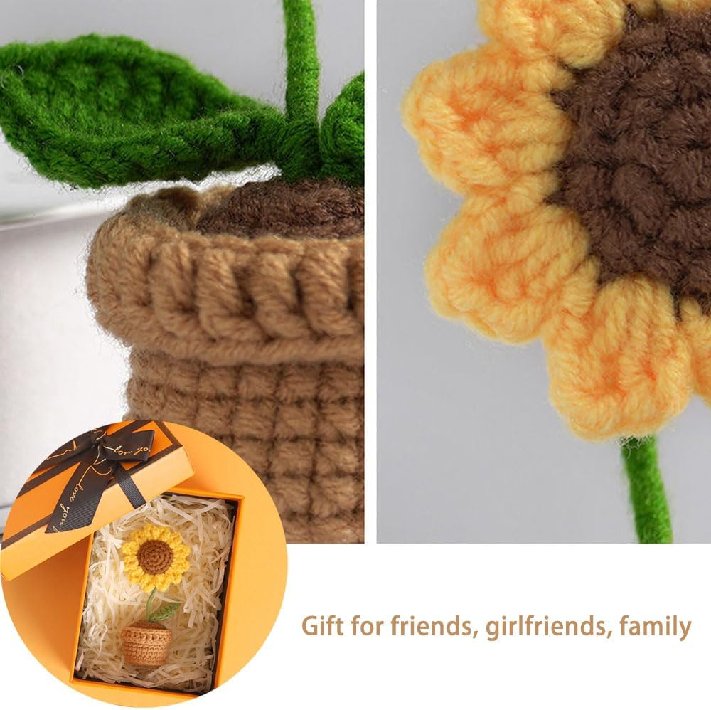 Handmade Crochet Flowers,Small Potted Knitted Desk Decorations Home Decoration Car Dashboard Decorations Crochet Artificial Flower (Sunflower) image number 3