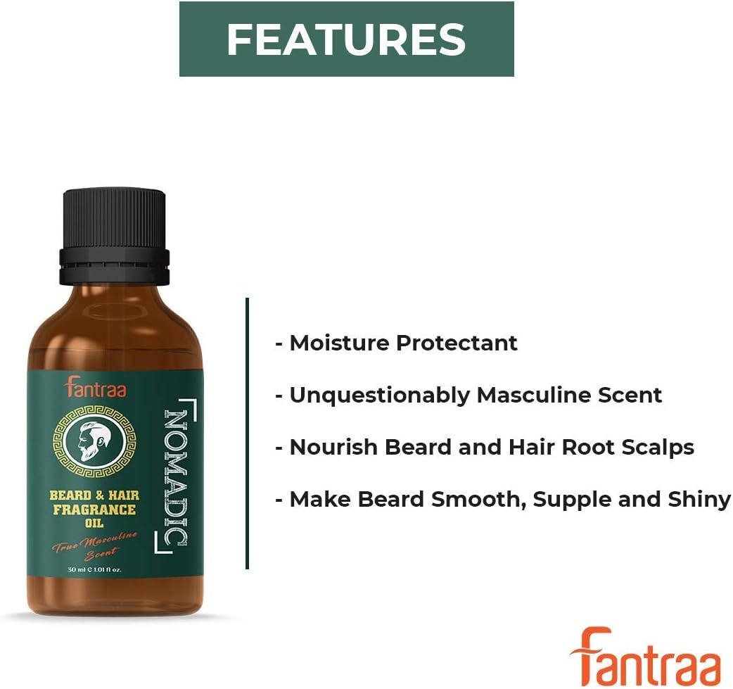 Fantraa Beard and Hair Fragrance Oil - 30 Ml (Nomadic) | for Men | Make Beard Nourish, Soft & Touchable | No Harmful Chemicals | Ideal for Daily Use