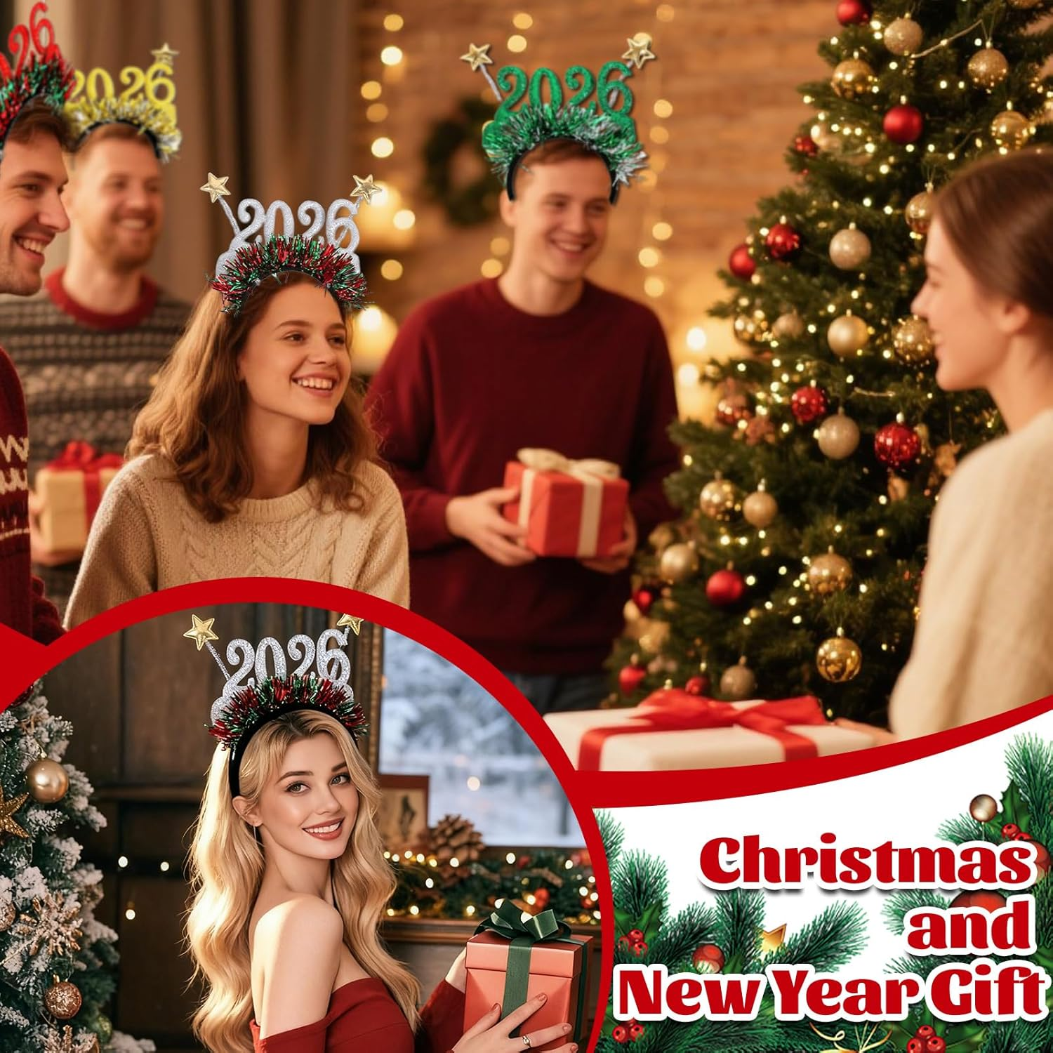 Brateuanoii Pack of 4 2026 Glitter Numbers Headbands, Happy New Year Headband, Headpiece with Glittering Numbers and Garlands, Happy New Year Headband, Christmas Headbands for Women image number 4