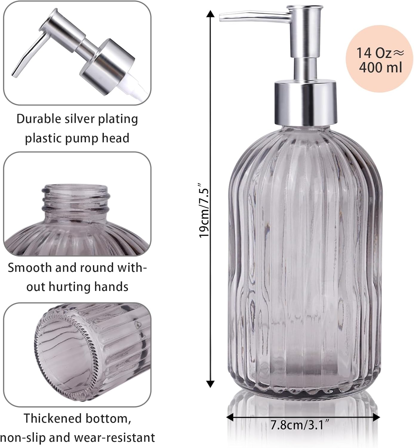 RETON 3 Pack Soap Dispenser Set, 14 Oz Clear Glass Soap Dispenser with Rust Proof Plastic Pump, Refillable Liquid Hand Soap Dispenser, Bathroom Soap Dispenser for Kitchen Countertop (3 Colors) image number 1