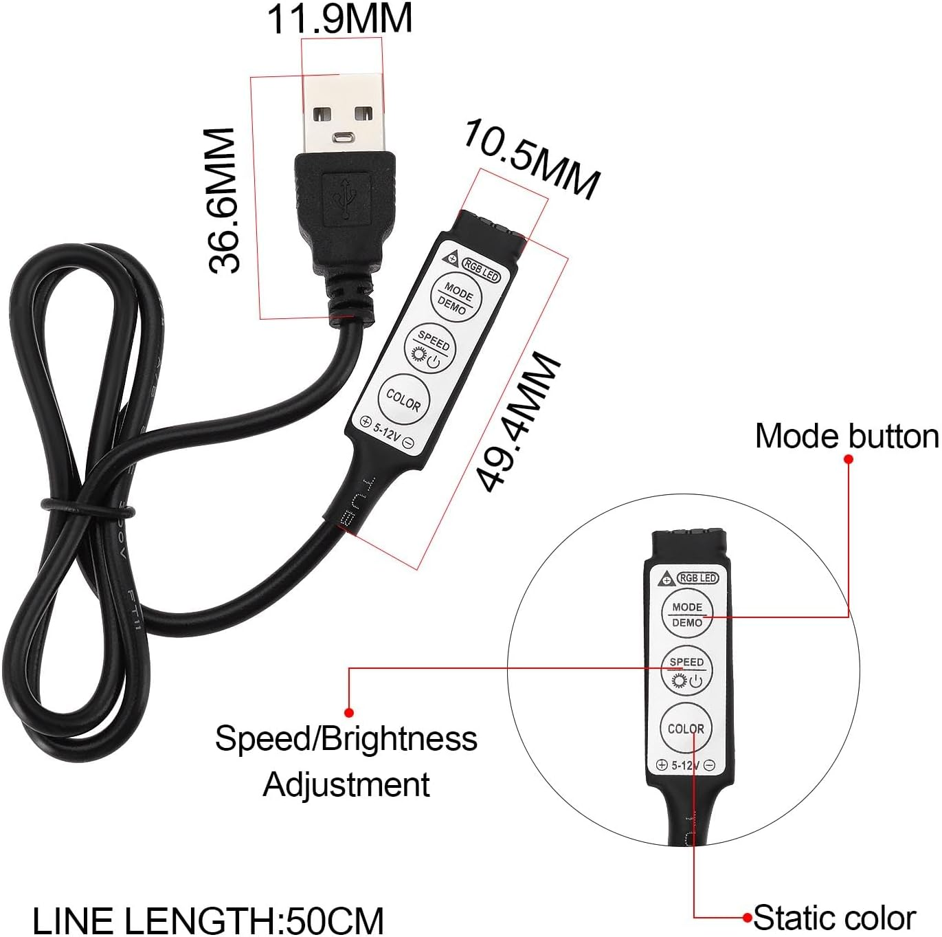 Create Idea 3Pcs 5V USB LED Strip Controller 3 Keys 4Pin Remote Controller Used for 5V RGB LED Strip Led Light Switch Cable for LED Strip Light Black 51Cm image number 2
