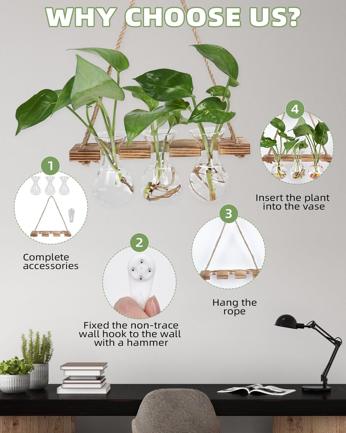 Wall Hanging Planter for Indoor Plants - Unique Propagation Stations with 3 Glass Bottles, Wall Planters for Home Decoration, Hanging Plant Holder and Hanger. image number 6