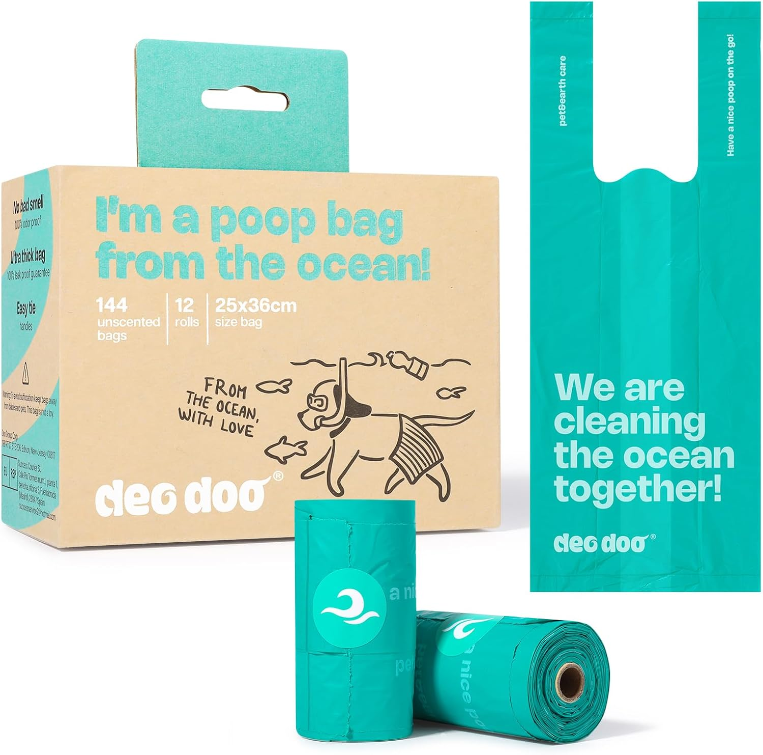 Deo Doo Dog Poop Bags with Handles 100% PCR from Ocean 12 Rolls 144 Counts Big Sizes Leak Proof and Extra Thick Waste Bags Refill Rolls for Walking Small Medium Large Dogs Cats Litter Unscented image number 4