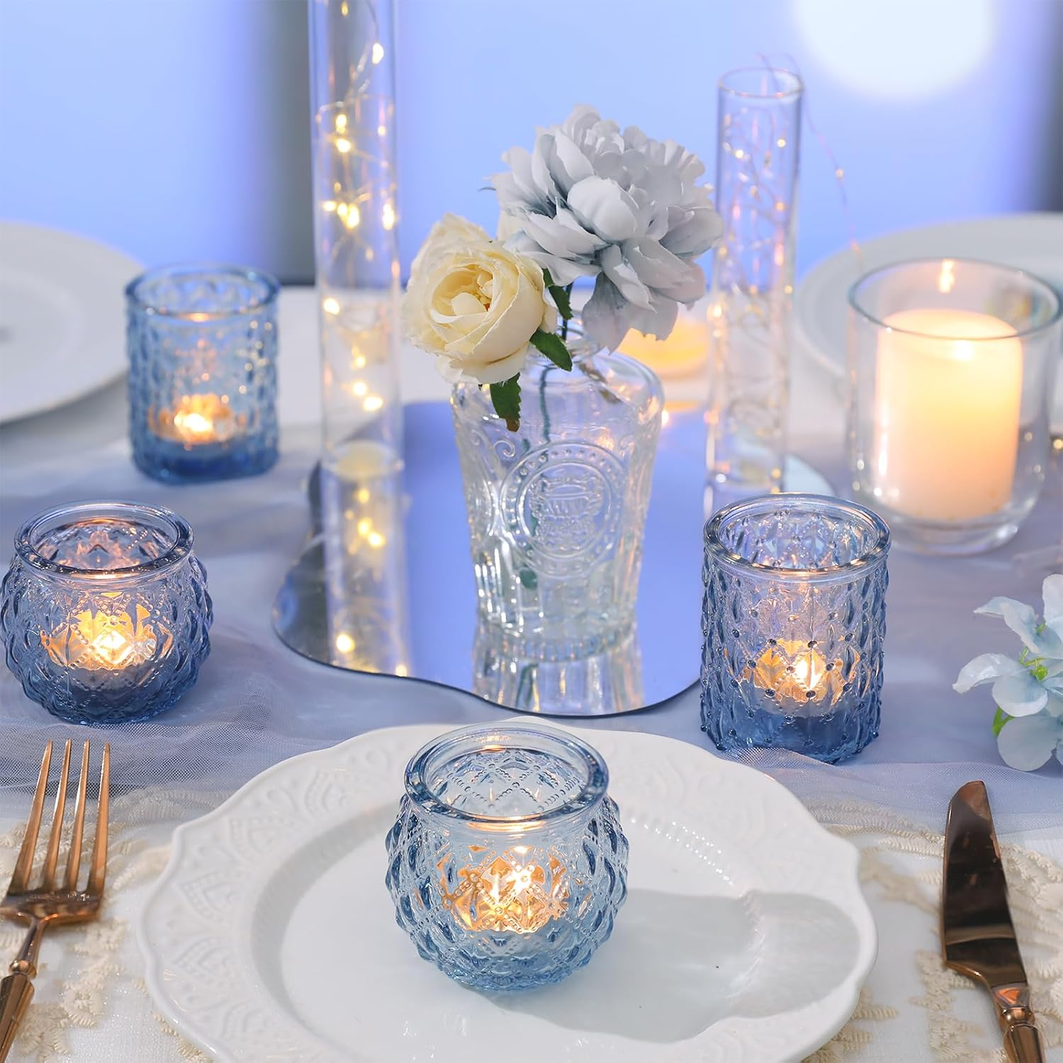 DARJEN Blue Glass Votive Candle Holders Set of 24 - round Tea Lights for Wedding, Shower, Party & Gift image number 5