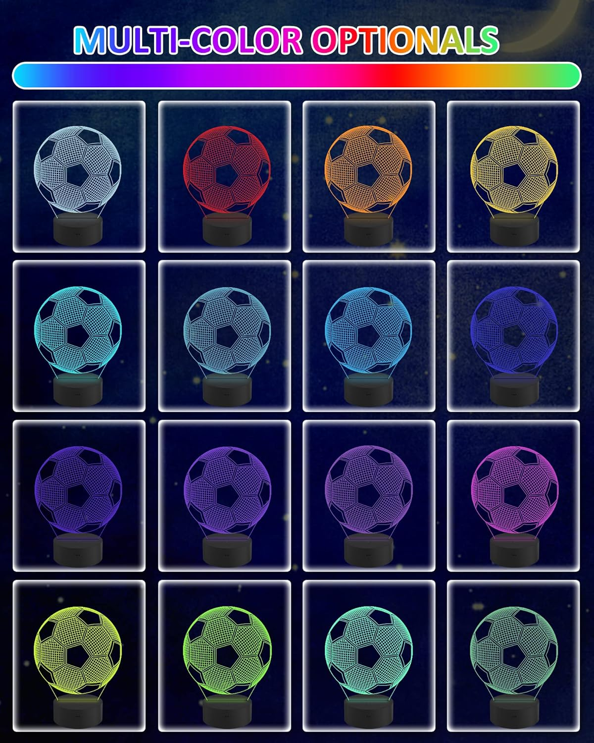 FULLOSUN Soccer Kids Night Light, 3D Football Optical Illusion Lamp Timer & Remote Control with 16 Color Changing Great Bedroom Decoration for Sports Fan Toddler Men Friends image number 2