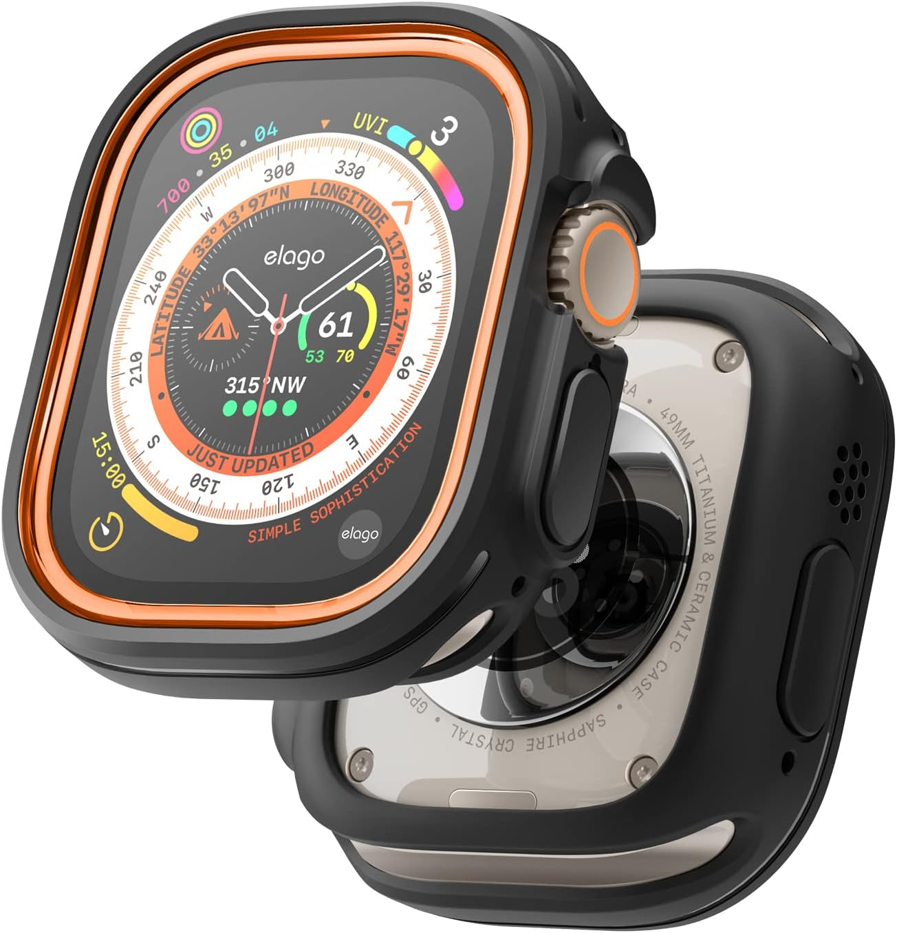 Elago Duo Case Compatible with Apple Watch Ultra 3/2/1, Full Protection (Hard PC + TPU Material), Full Access to Screen, Two Pcs Included. Strap Not Included (TPU: Black/Pc: Orange, Black)