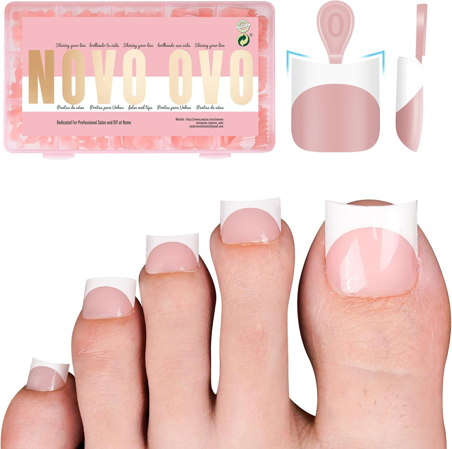 NOVO OVO Upgrade Toe Dual Nail Forms for Poly Gel with Inner French Tips Auxiliary Line for Toenail Extension, Square Soft Gel Nail Extension, Full Cover Molds for Pedicure DIY X 15 Sizes 270 Pcs