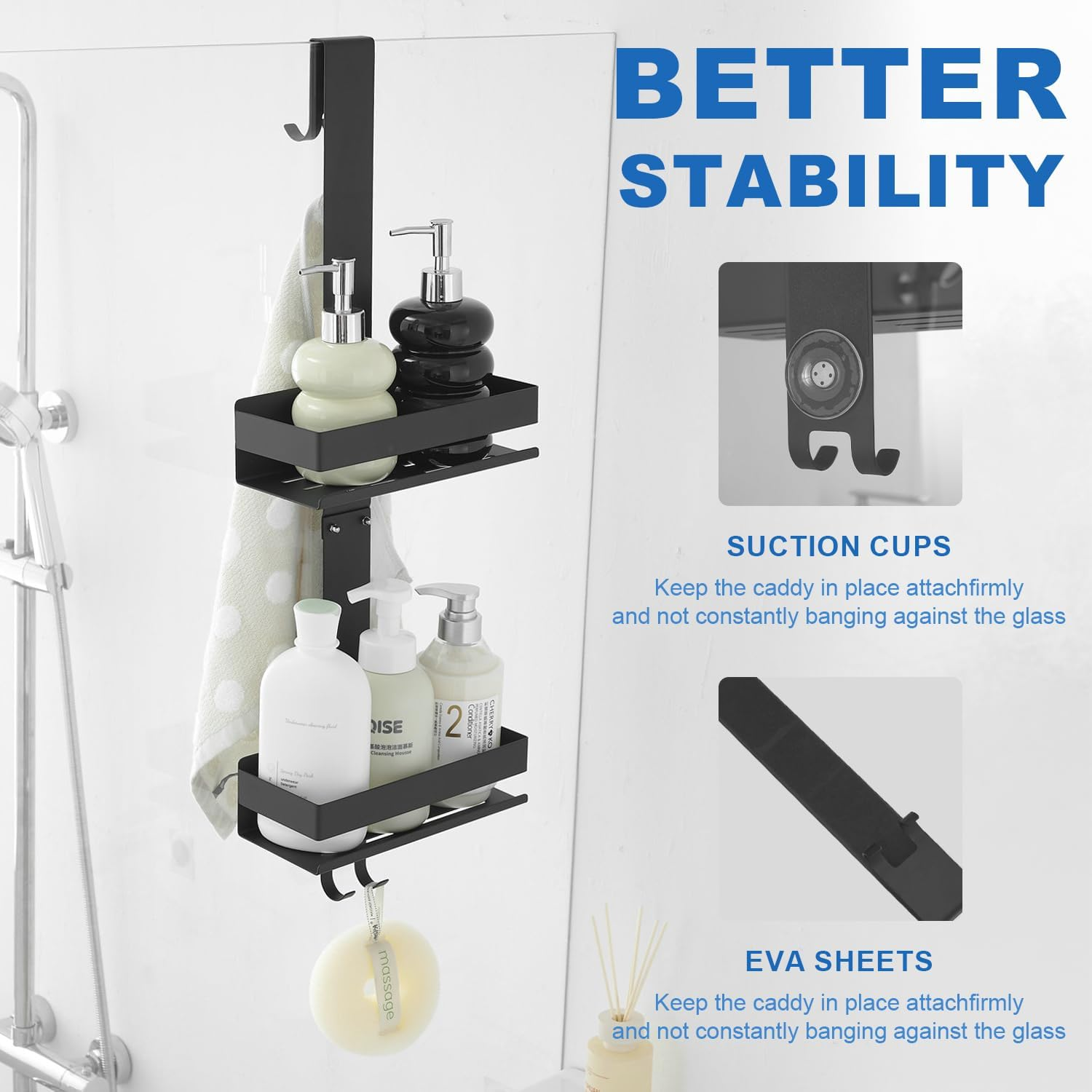 Hiendure Shower Caddy over Door Black - 2 Tier Haning Shower Caddy Shelf Rack, Stainless Steel Shower Organizer No Drilling Bath Shower Storage - Black image number 4