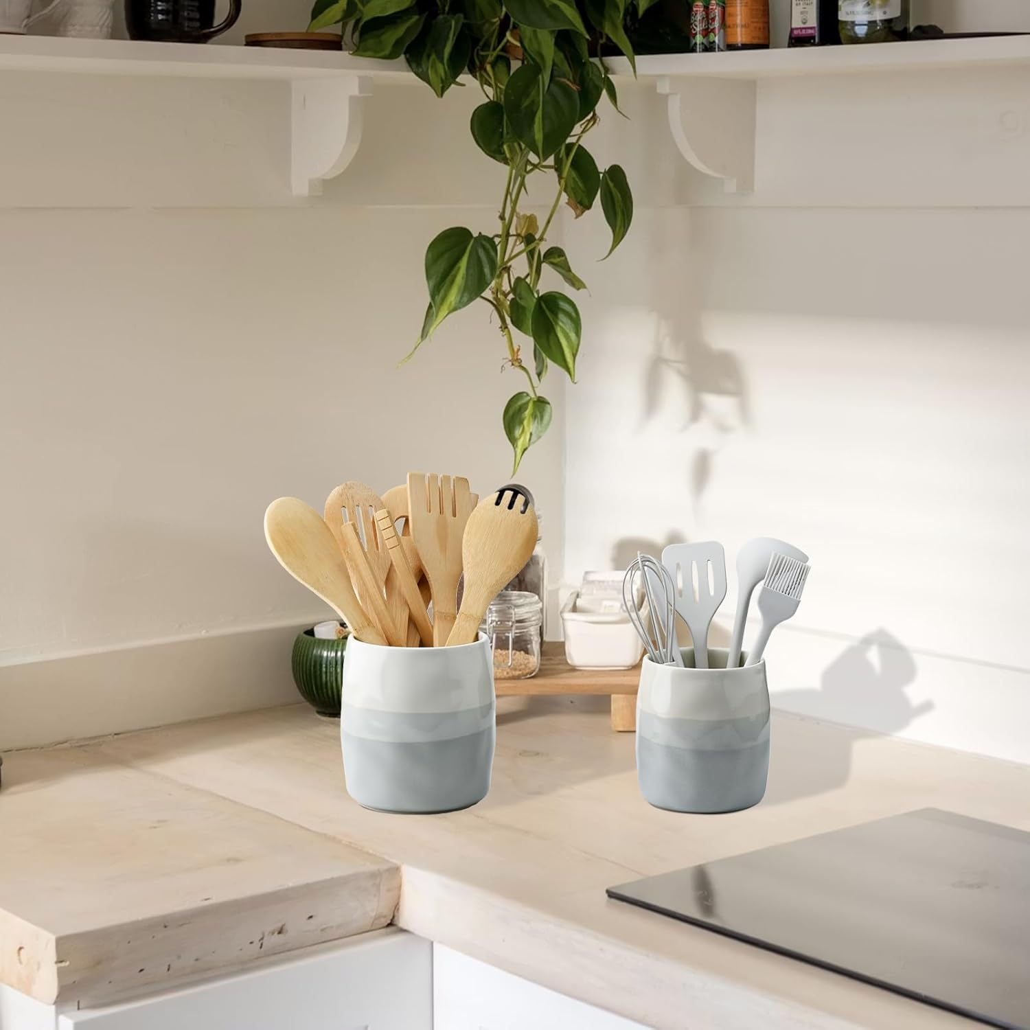 Yohyien Ceramic Kitchen Utensil Holder, Cooking Utensils Pot for Countertop Organisation, Cutlery Storage Jar for Spoons, Spatulas, Tableware, Cream and Grey Layered Design (S) image number 2