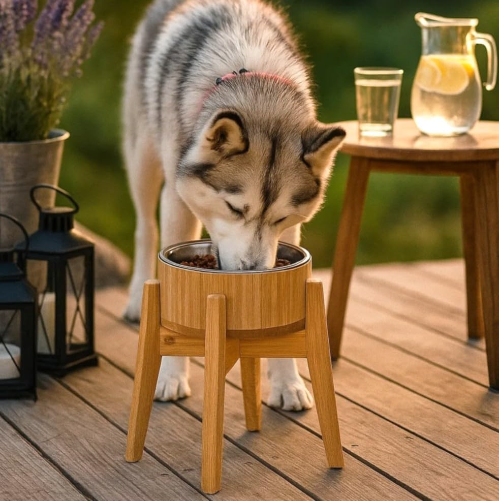 Raised Dog Bowl - Elevated 12-Inch, Large Breeds Treats, Dry and Wet Foods Suitable - Deter Ants/Bugs, Resist Tip-Over - Bamboo/Steel Bowls image number 3