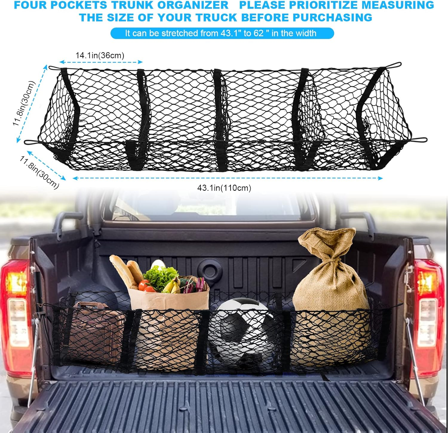 Holnunet Cargo Net for Pickup Truck Bed- 59" Adjustable Elastic Mesh Cargo Net, Car Rear Storage Organizer with 4 Carabiners Accessories, Heavy Duty Cargo Net for Pickup, Truck, SUV, M0003 image number 4