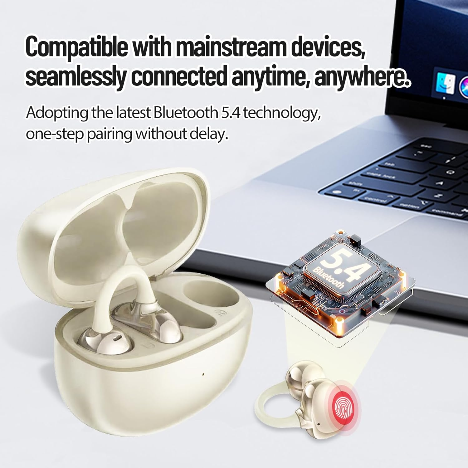 PTHTECHUS Open Ear Headphones, Bluetooth 5.4 with ENC Audio Wireless Earbuds, 40H Playback, Noise Cancelling Calls, Lightweight Comfort Stable Fit Wireless Open Earphones for Sports Working (White) - Black image number 3