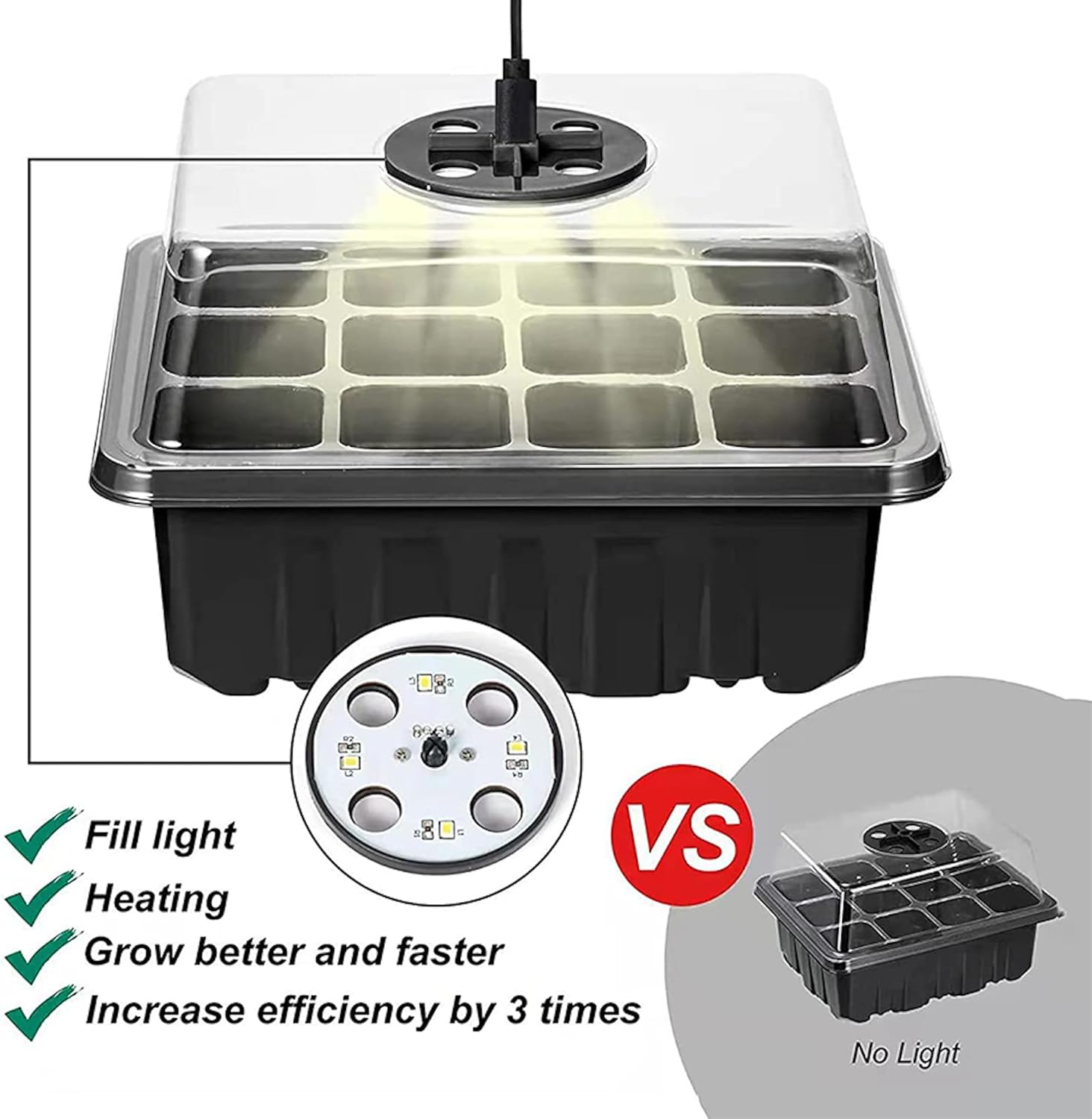 5 Pack Seed Starter Tray with Grow Light Humidity Domes, 60 Cell Trays Germination Station Cloning Kit (Green) - Green image number 2
