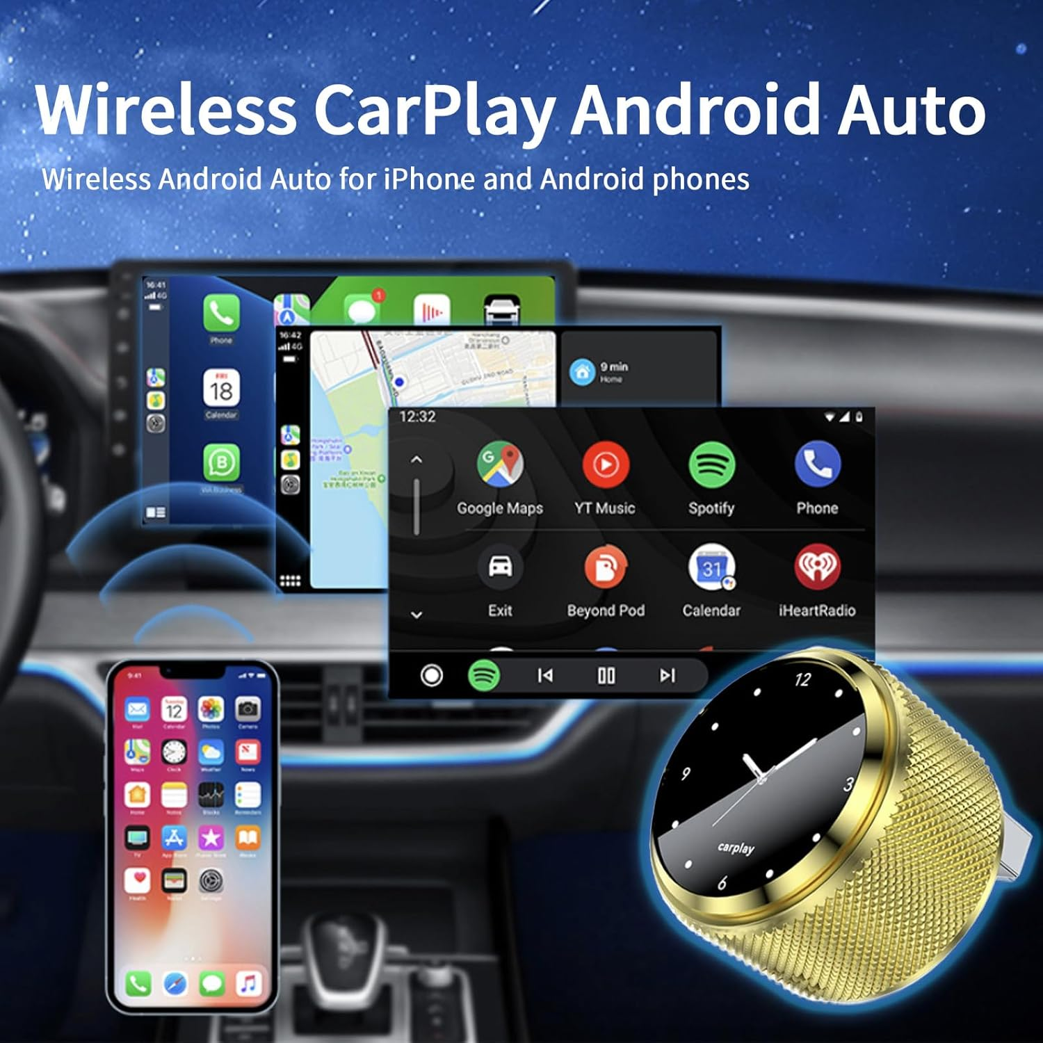 Gold Wireless Carplay Adapter, Bluetooth 5.0 Android Auto Wireless Adapter,Carplay Dongle,Android Auto Wireless Adapter, with a Powerful, Stable Transmission and Low-Power Consumption image number 2
